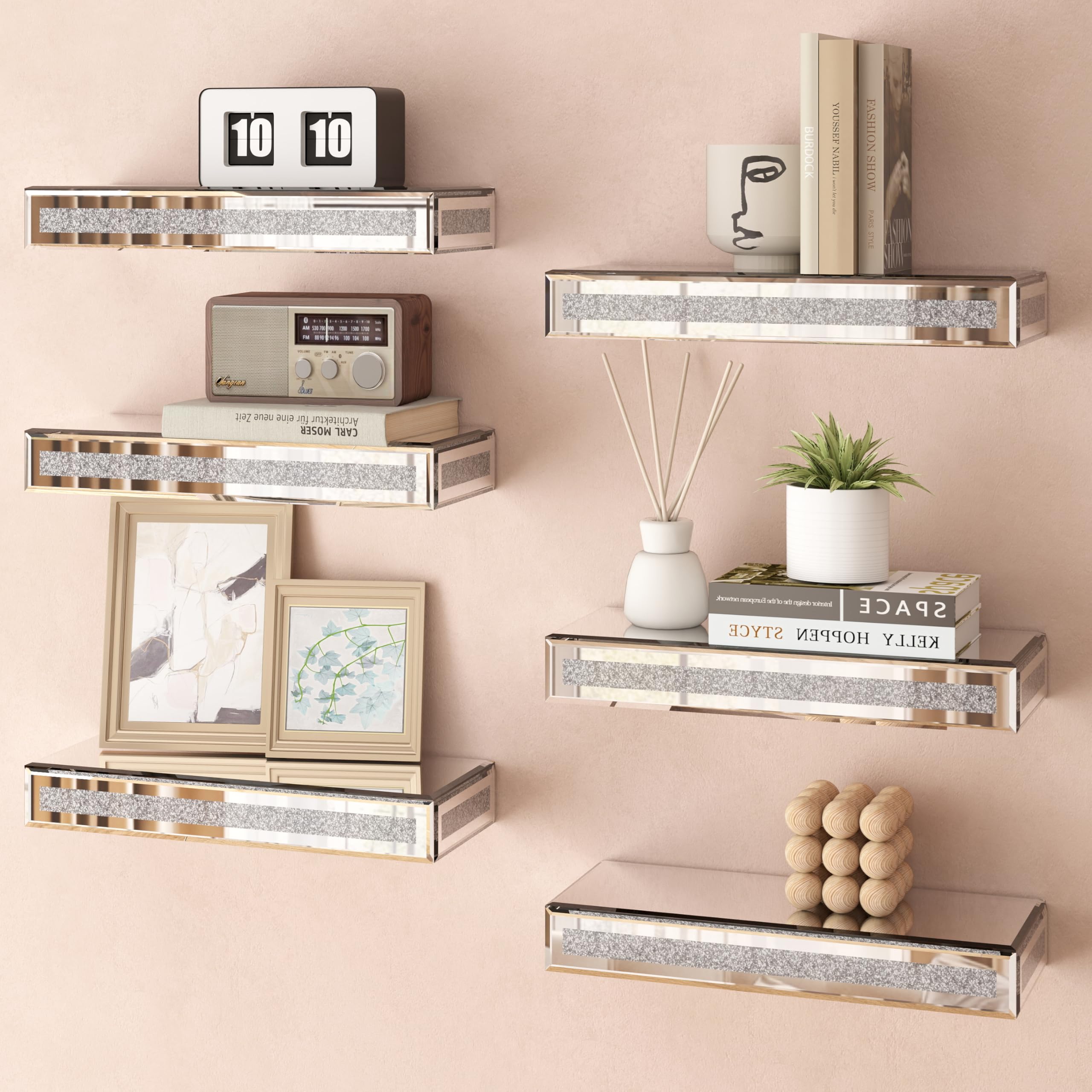 SHYFOY Mirrored Floating Shelves Set of 6, Bling Shelves for Wall Decor, Silver Glass Shelf for Bedroom, Bathroom Storage Shelves, Book Shelves for
