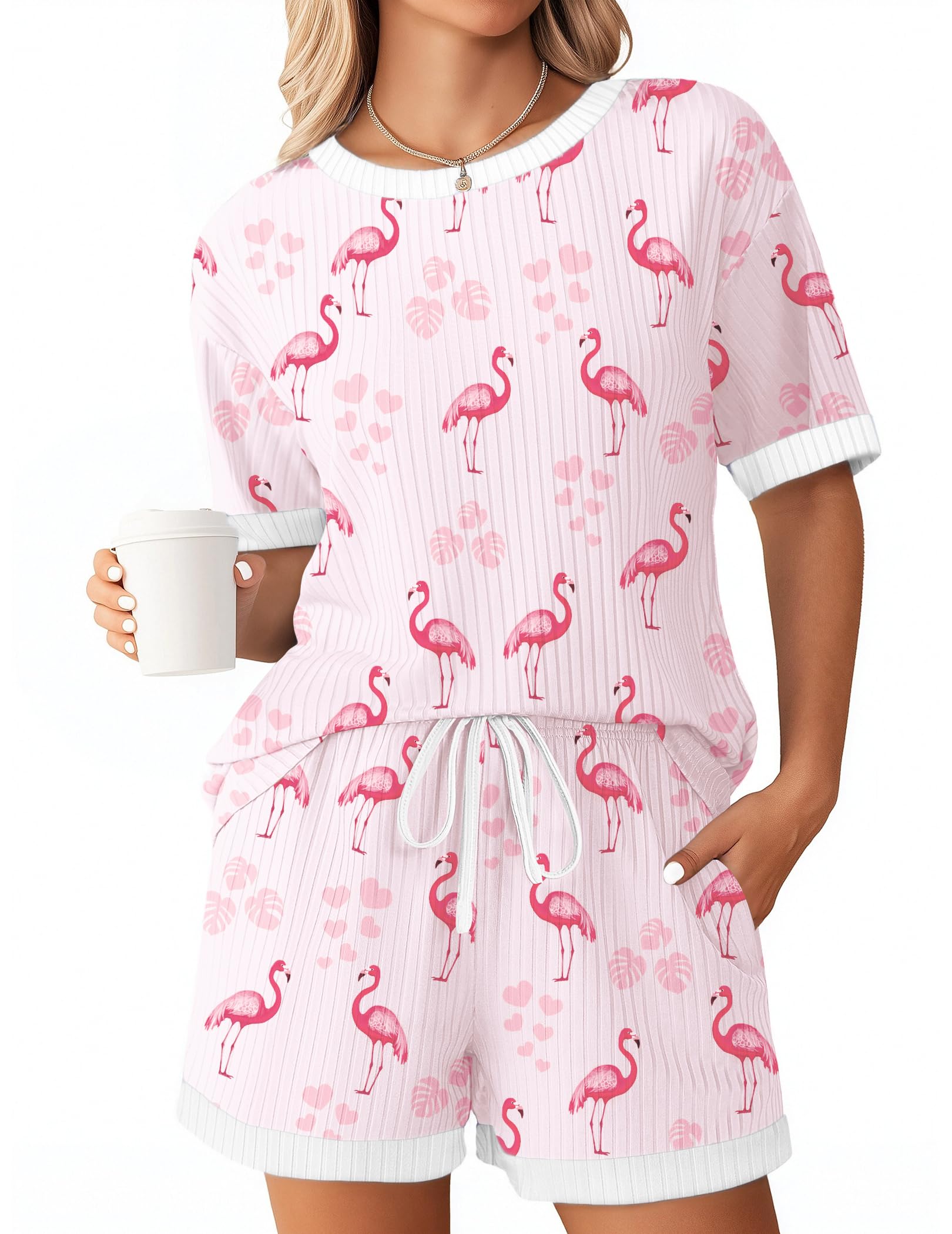 Ekouaer Women Ribbed Knit Pajama Sets 2 Piece Short Sleeve Top and Shorts Soft Pjs Sleepwear with Pockets