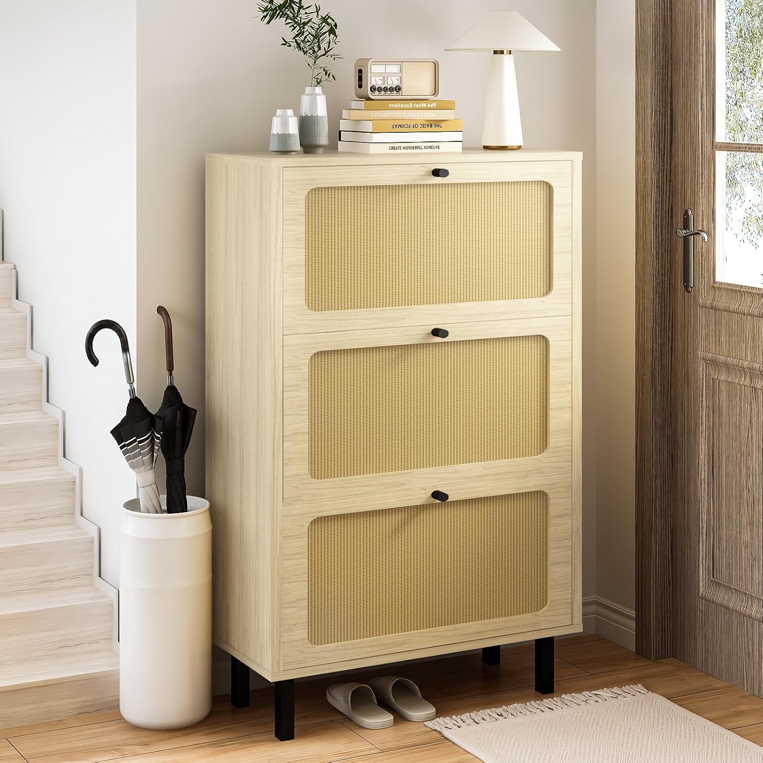AWQM Shoe Storage Cabinet, Shoe Rack Cabinet with Flip Drawers, Narrow Shoe Rack for Small Apartment, Freestanding Organizer with Metal Legs for Entryway,Foyer,Hallway (Rattan)