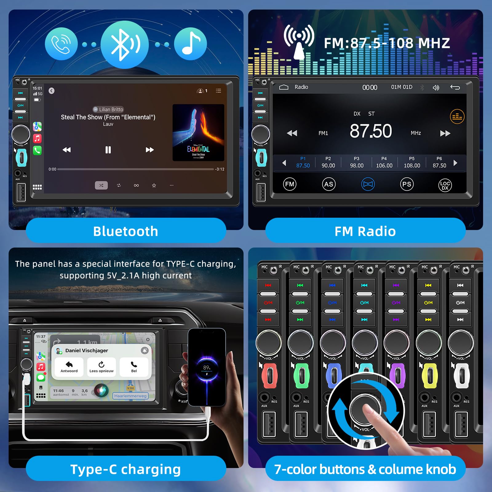 Autoradio 1 DIN avec Écran Tactile HD 7 Pouces, CarPlay sans Fil et Android Auto, Radio Voiture Bluetooth Mains Libres, Mirror Link, Navigation GPS, Contrôle Vocal, FM, Caméra de Recul, USB, Type-C