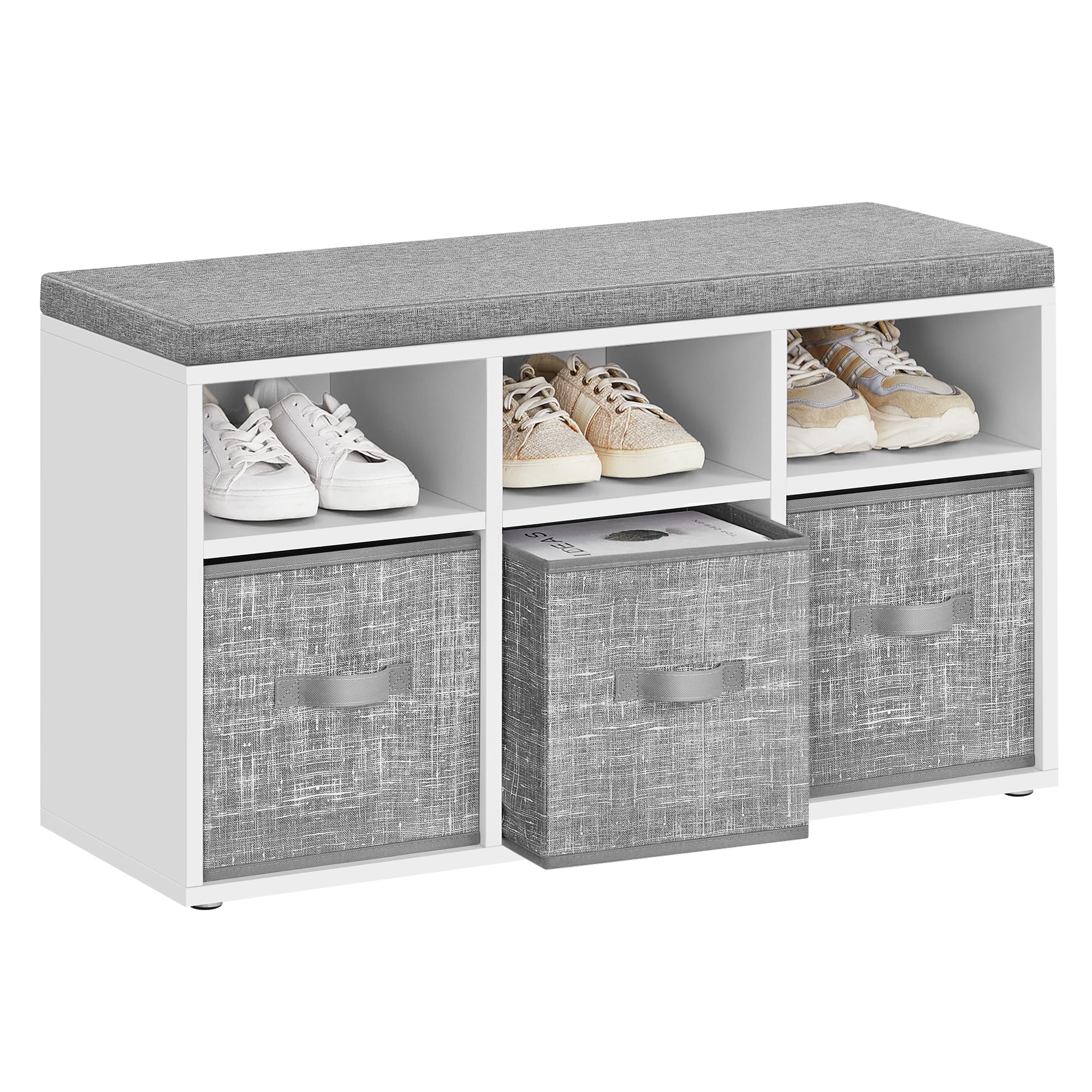 VASAGLE Shoe Storage Bench with Cushion, 6 Compartments and 3 Adjustable Shelves, Hallway Bench with 3 Storage Boxes, for Bedroom, Closet, Living Room, Cloud White CUSTOS Collection LSB101W01