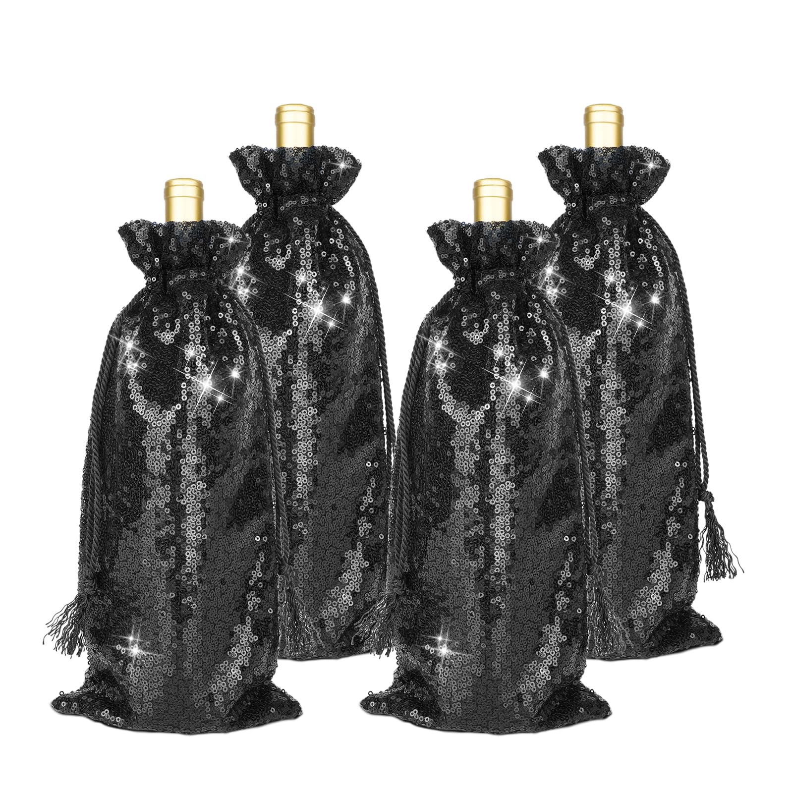 PartyDelight Wine Gift Bags 4 Pack Black Sequin Wine BagsSparkly Beautiful and Reusable for Travel Wedding Birthday, Housewarming and Dinner Party