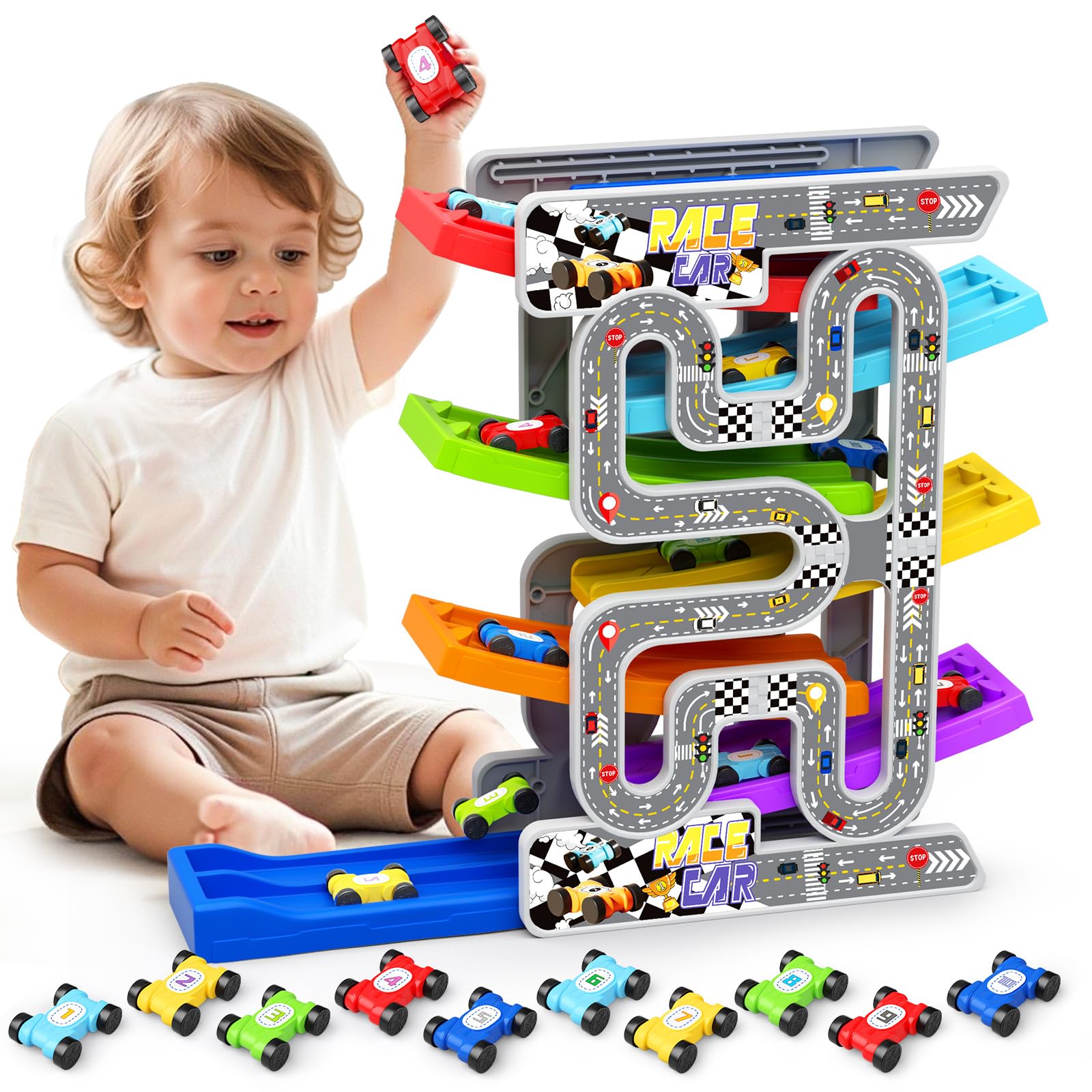 aotipol Toddler Toys for 2 3 Year Old Boy Girl, Double-Track Car Ramp Toy with Pull-Out Parking Lots & 10 Mini Cars, Montessori Toy Birthday Gift for Toddlers Boys Girls Age 18+ Month Old, New Track