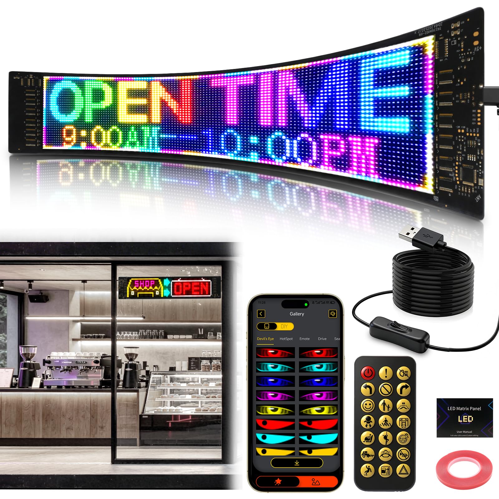 LUXONIC Super Brighter 59.5x12CM ProgrammabileInsegna Luminosa LED, personalizzabile, flessibile, Bluetooth APP & telecomando, USB 5V Occhi Pannello Led RGB impermeabile per Auto, negozio, bar, festa