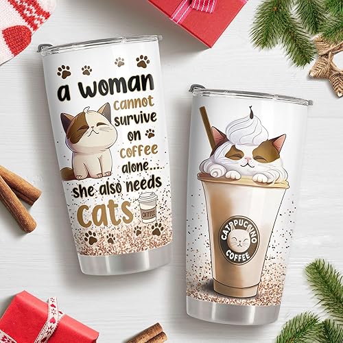 Miniatura 2 de 34HD Taza de Gato con Tapa, taza de café de acero inoxidable con aislamiento al vacío de 20 onzas con gatos, lindos regalos de gatita para mujeres,