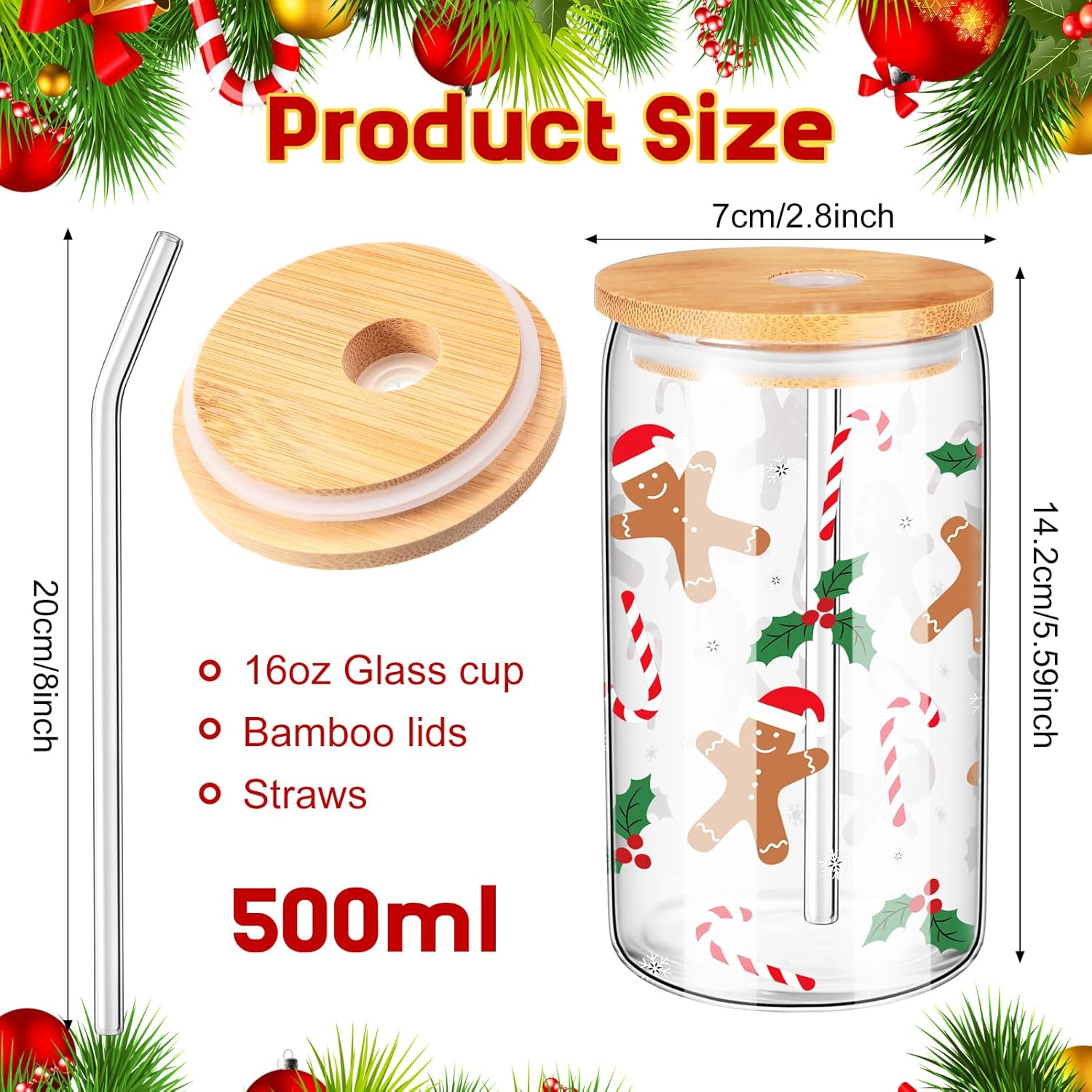 Maxcheck 16 Pcs Christmas Glass Cups 16 oz Iced Coffee Cup with Bamboo Lids and Straw Christmas Drinking Glasses Xmas Mugs Mason Jars Straw Lid for Soda Cocktail Whiskey Holiday Gift(Classic)