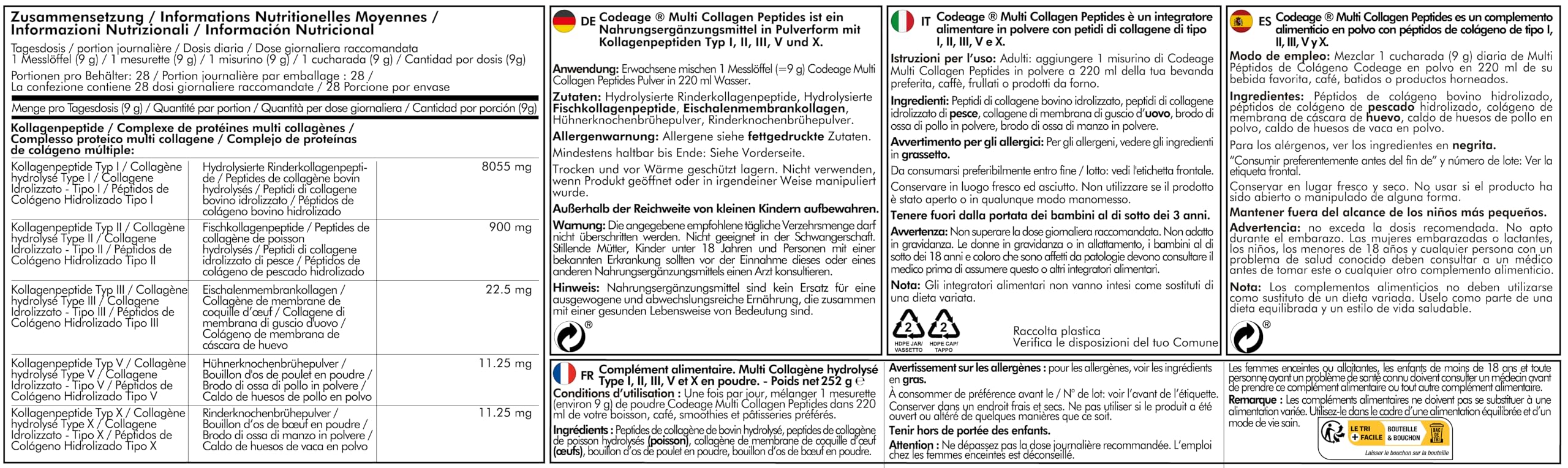 Codeage Multi Kollagen Proteinpulver Peptide, 1-Monatsvorrat, hydrolysiert, Typ I, II, III, V, X, aus Weidehaltung, All-in-One Super Knochenbrühe Kollagen Ergänzung, gentechnikfrei, 252 Gramm