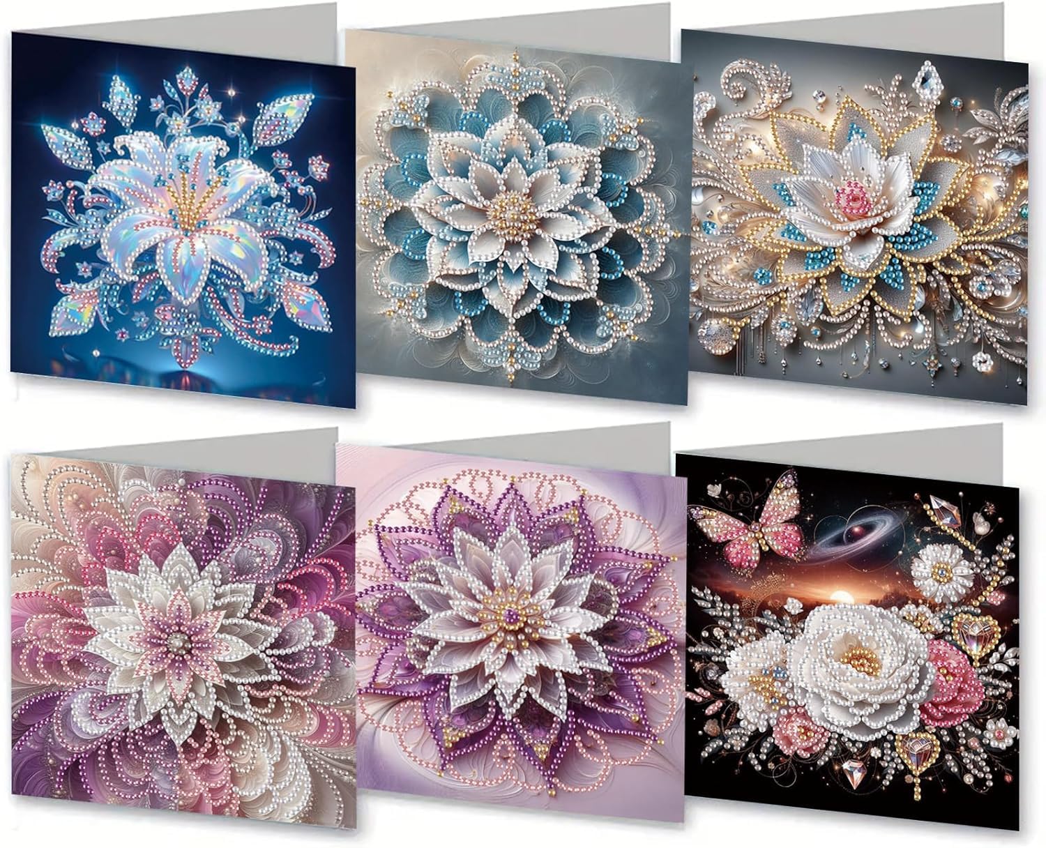 MaiYiYi 6 Pack DIY Lotus Flower Diamond Art Greeting Cards, Flower Butterfly Diamond Painting Greeting Cards Kit, Mandala Flowers Diamond Painting