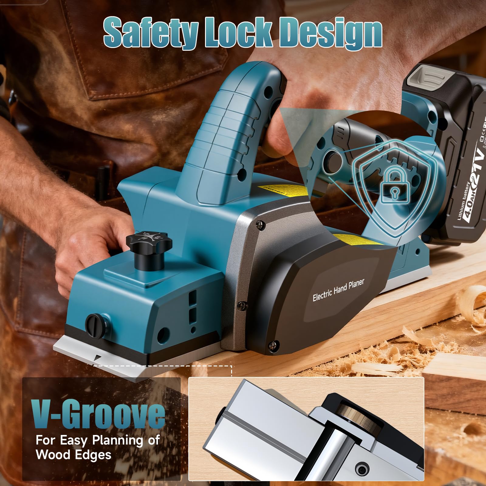 Rabot Sans Fil Compatible avec Makita 18V Batterie, 15000RPM Raboteuse Électrique à Une Main avec 2×4.0Ah Batterie, Largeur de Rabotage 82mm, Profondeur de Coupe 0-2mm