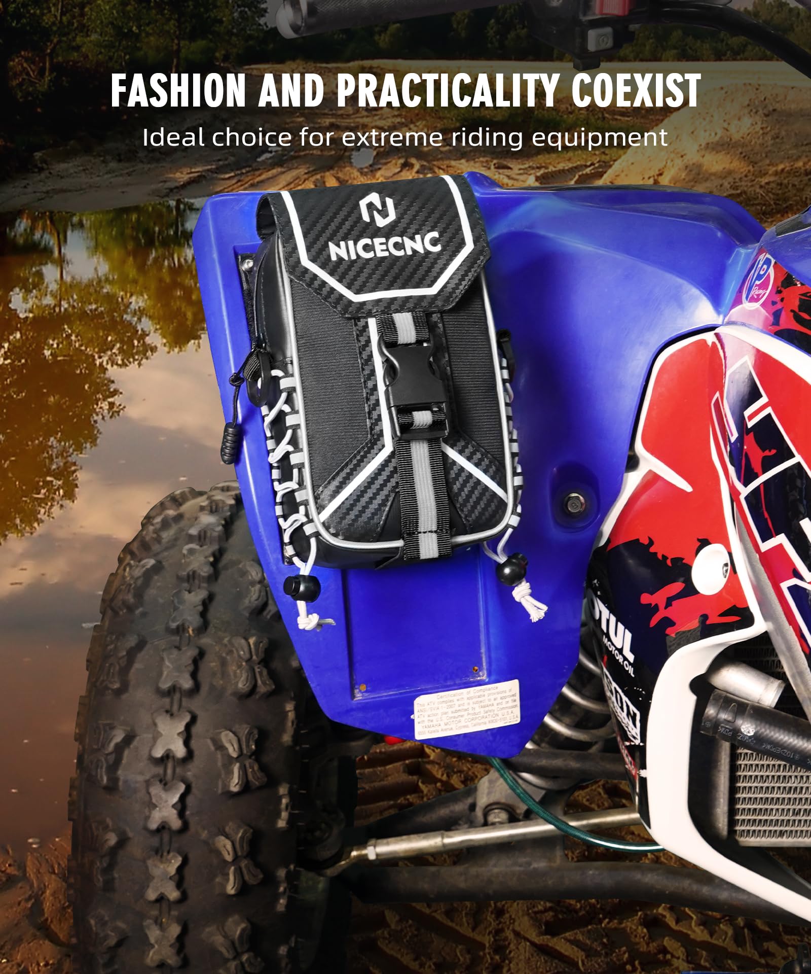 NICECNC YFZ450 Front Fender Bag 500D PVC Wasserdicht ATV Fender Bag YFZ 450 Zubehör Tasche Dual-Use Aufbewahrungstaschen mit Starkem Klettverschluss Ohne Bohren Compatible with Yamaha YFZ 450 YFZ450R