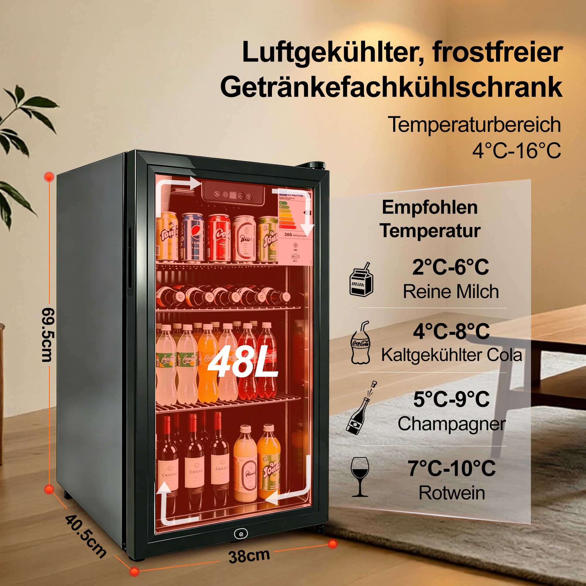 Freistehender & Unterbau Getränkekühlschrank, Dreifach verglaste Glastür, LED-Display & Innenbeleuchtung, Leiser Weinkühler & Bierkühler mit verstellbaren Ablagen und Temperaturregelung