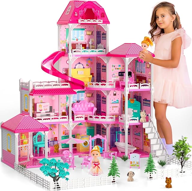 Doloowee Doll House, Girls Dream Toys House Furniture Pink Girl Toys, 4 Stories 10 Rooms Dollhouse with 2 Princesses Slide Accessories, Toddler Playhouse Gift for for 4 5 6 7 8+ Year Old Girls Toys