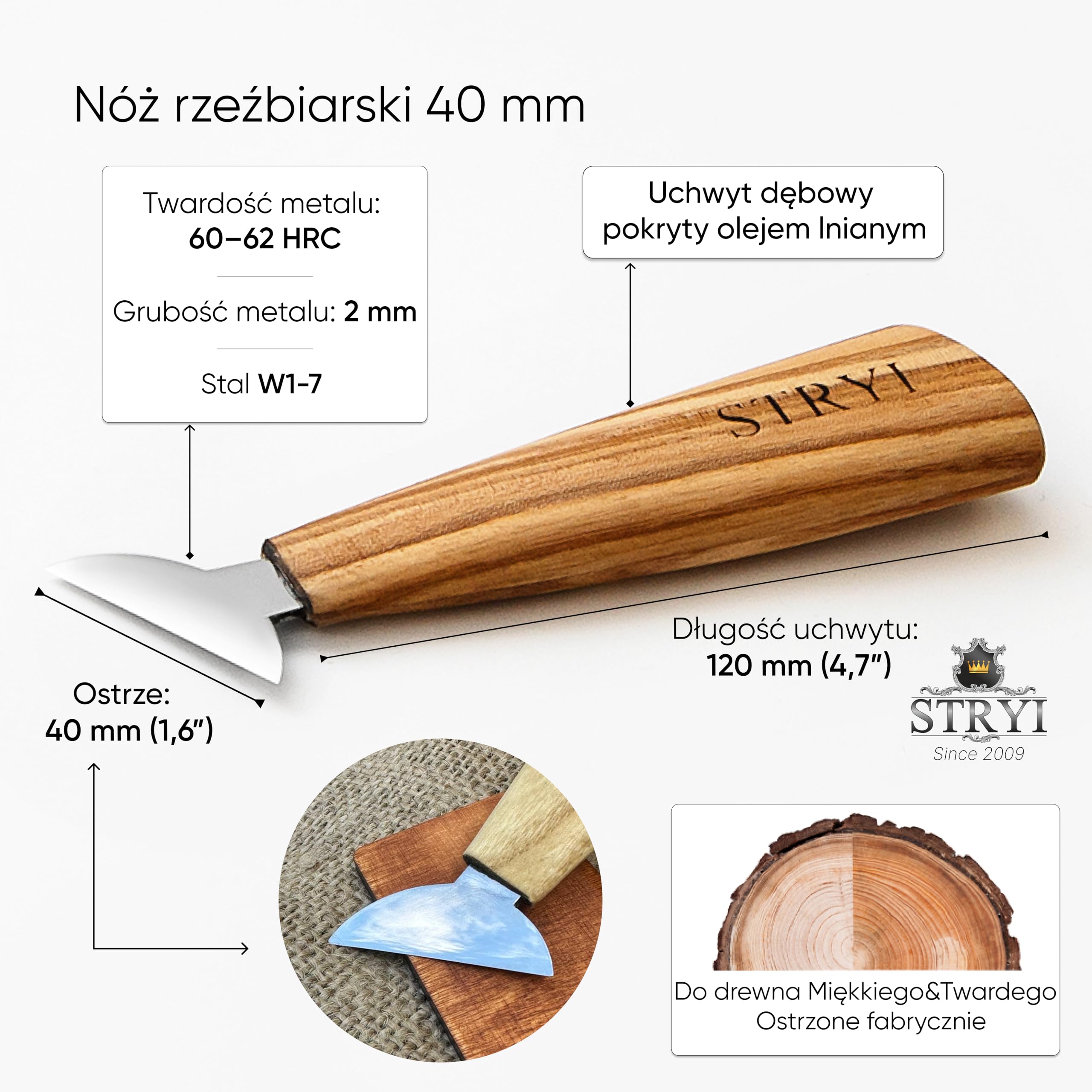 STRYI Profesjonalny nóż do rzeźbienia nacięć 40 mm – nóż Swallowtail – ręcznie kuty ze stali węglowej – do trójkątów, linii i płaskorzeźb – uchwyt z drewna dębowego