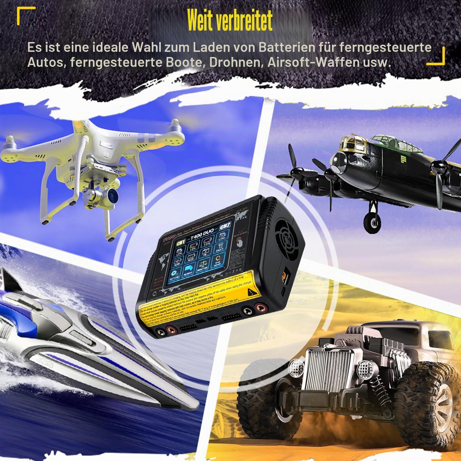 Lipo ladegerät mit Balancer RC ladegerät lipo Charger DC/AC dual Charging 11-18V 400W AC 100-240V 200W Auto Erkennung LiPo/Lilon/Life/NiMH/NiCd/PB/NiMH 3,2 Zoll LCD Touchscreen 12A (T400)