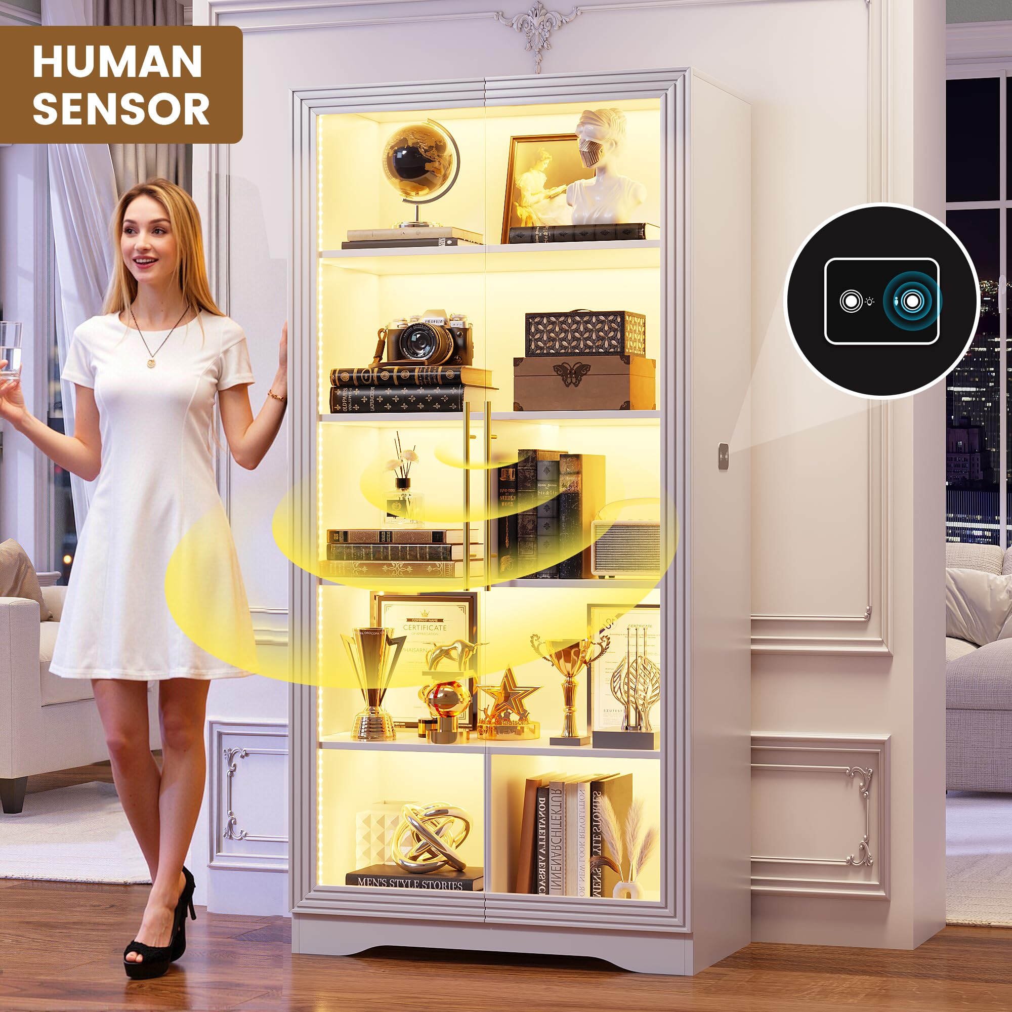 LVSOMT Glasvitrine mit LED Beleuchtung und Glastüren, Moderner Vitrinenschrank mit Intelligente Sensor, 5-Lagen Glasvitrine Vitrinenschrank für Sammlerstücke, Figuren für Wohnzimmer Schlafzimmer, Weiß