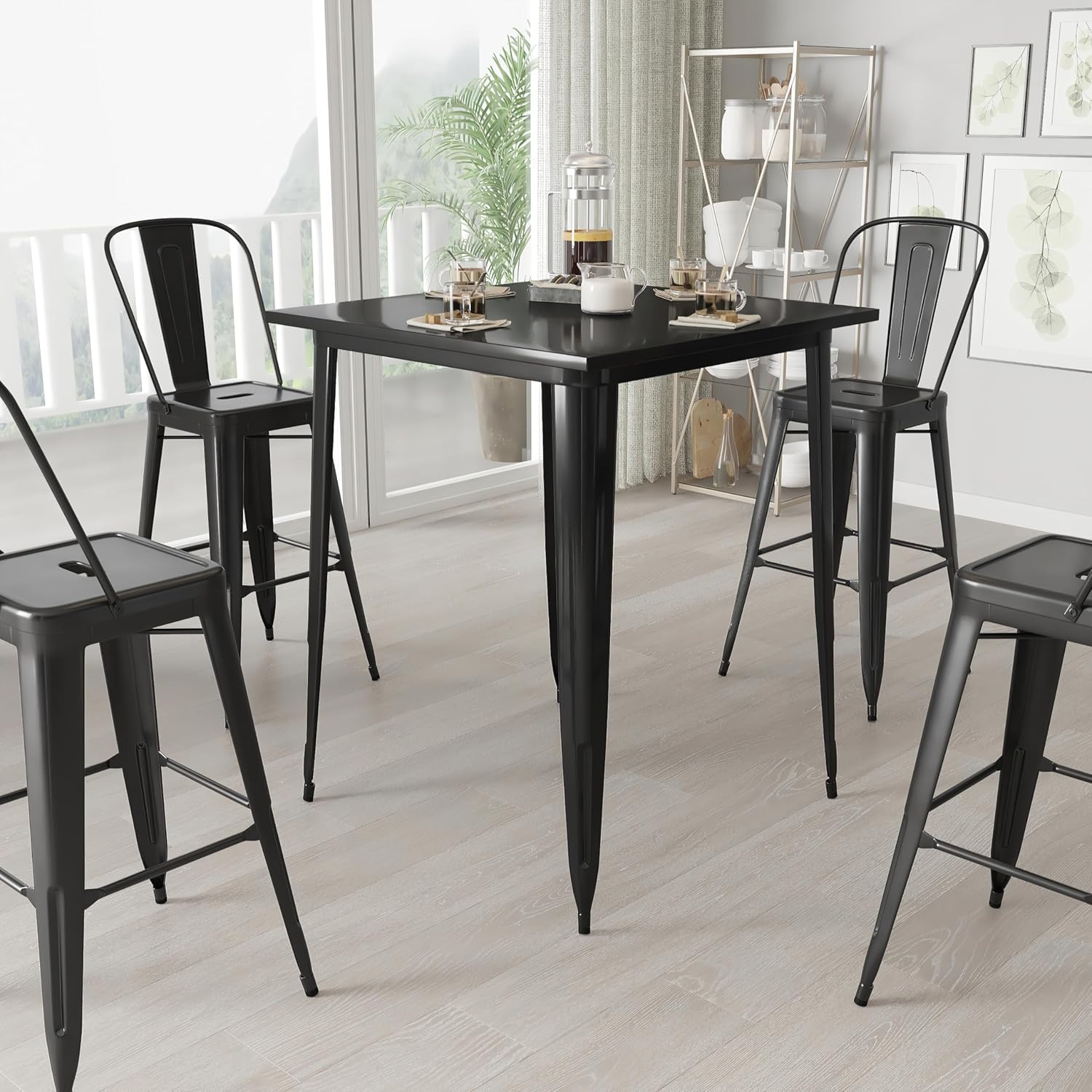 Merrick Lane Rothko Outdoor Patio Table - Black Galvanized Steel Frame - 31.5" Top - 33.25" Base Size - Bar Height - Designed for Indoor and Outdoor Use