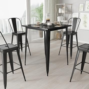 Merrick Lane Rothko Outdoor Patio Table - Black Galvanized Steel Frame - 31.5" Top - 33.25" Base Size - Bar Height - Designed for Indoor and Outdoor Use