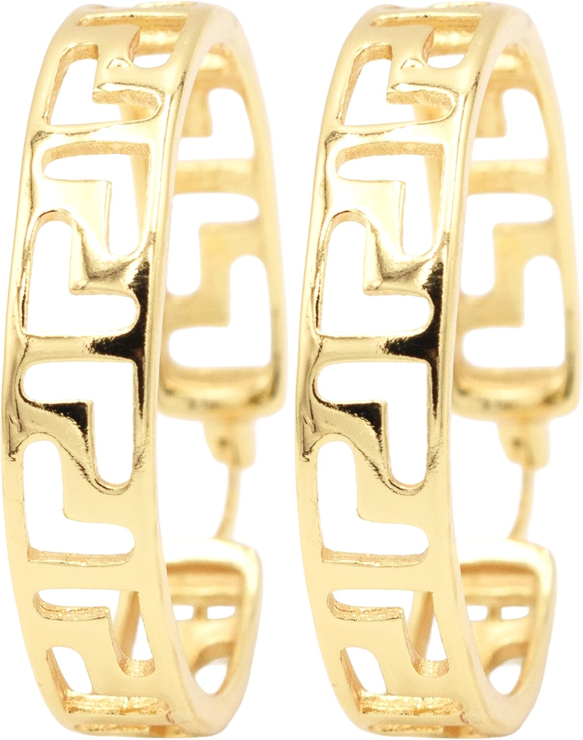 1.25 Inch Greek Key Hollow Cut Out Yellow Gold Plated Hoop Earrings - Image 2