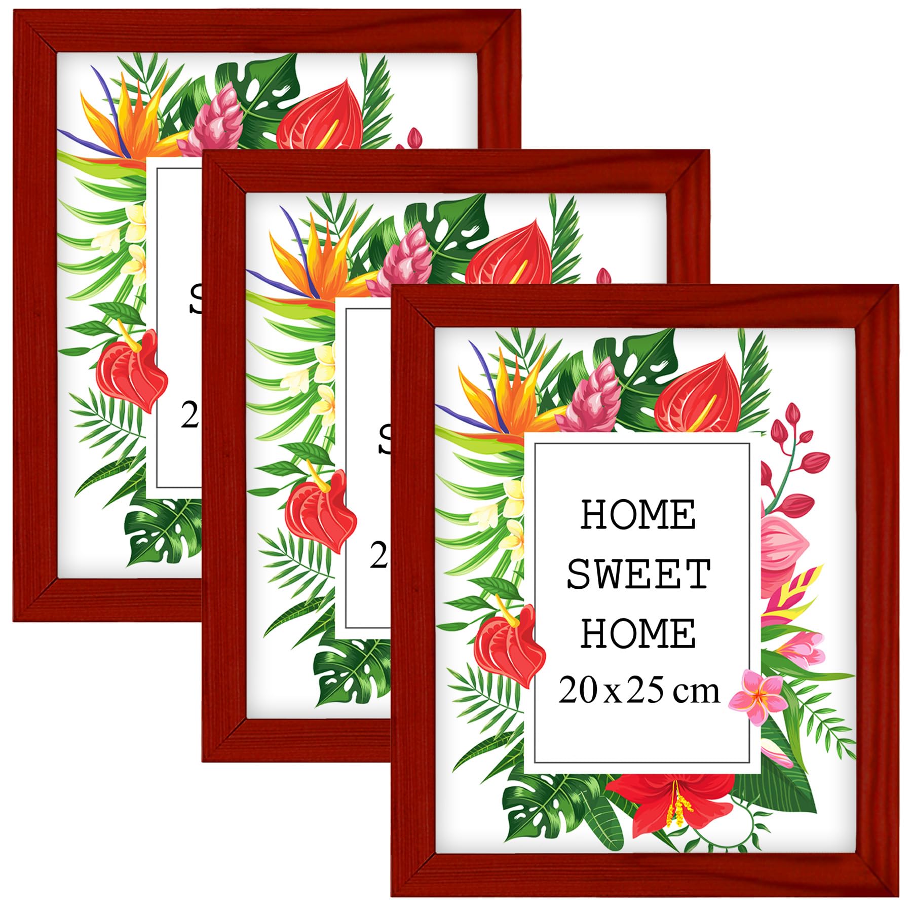 MG Design Set of 3 Wooden Picture Frame 8x10 inch (20x25 cm), Red Real Wood Frame with Acrylic Glass, Vertical & Horizontal Hanging – for Photos, Posters, Certificates, Puzzles