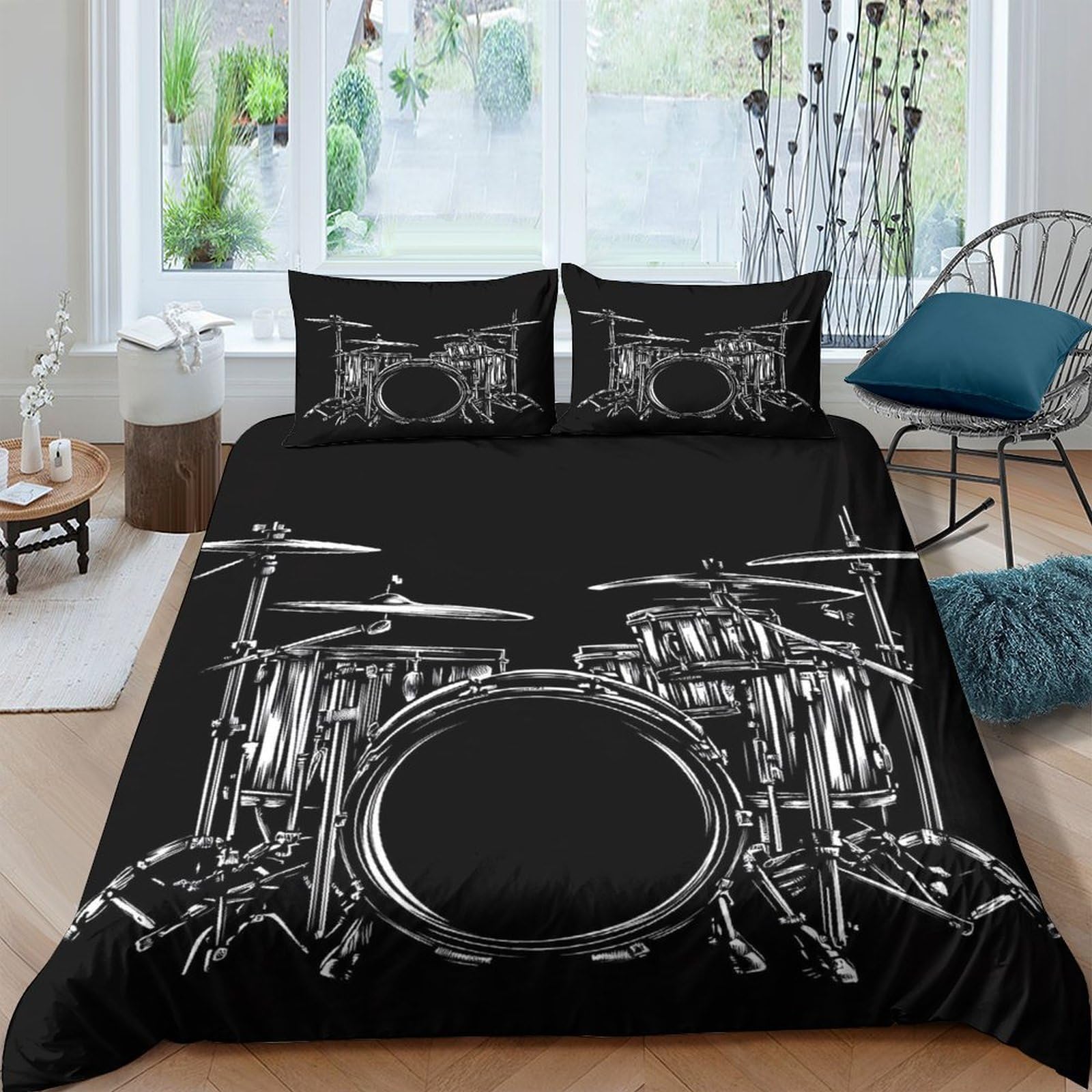 Ctjqhvkz Style-8 3D Printed Drum Set Fitted Sheet Microfiber Black Percussion Bed Sheet For Bedroom Guestroom Easy Care Decor Single（135X200cm）