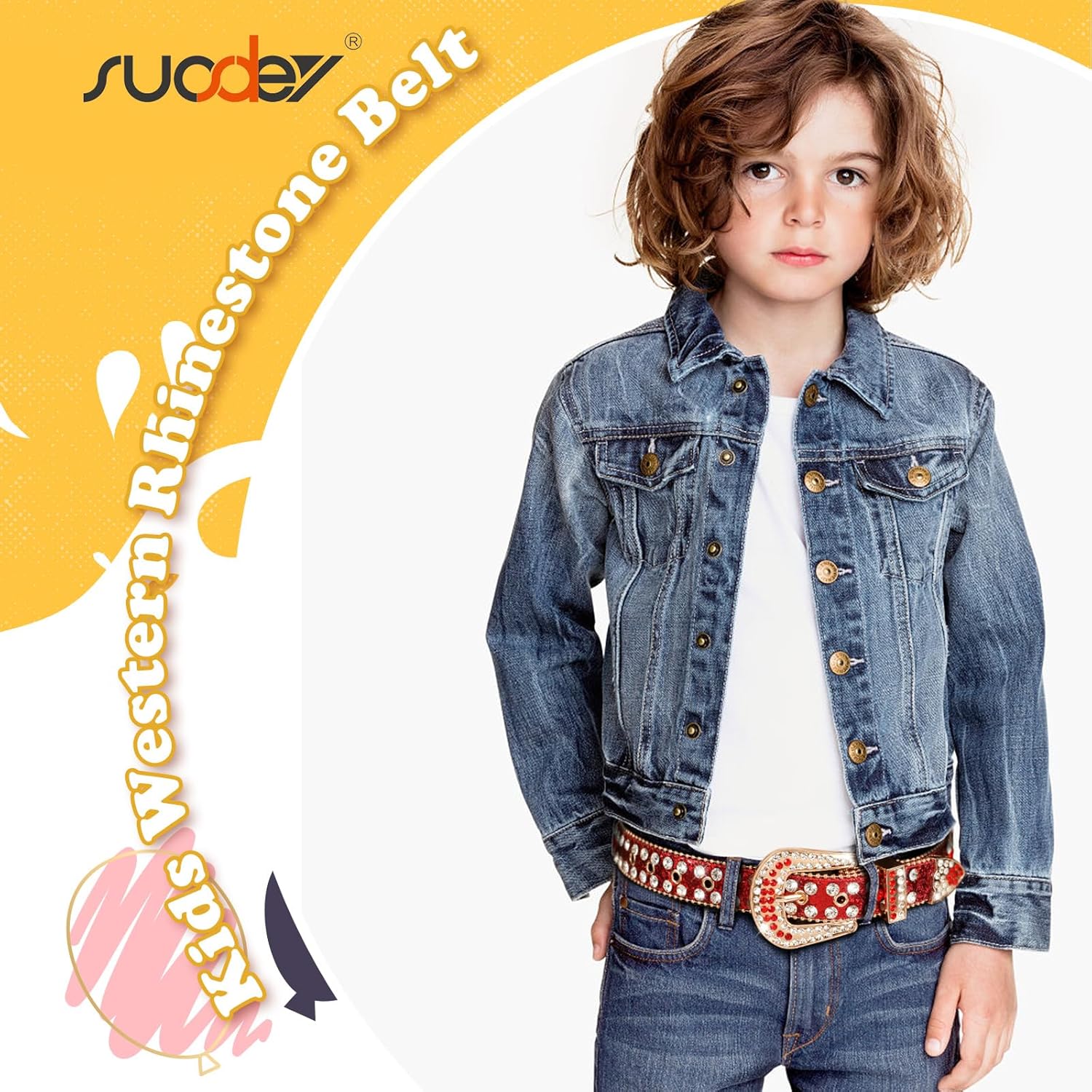SUOSDEY Kids Rhinestone Western Belt for Girls Boys, Cowboy Cowgirl Diamond Studded Bling Leather Belt - Image 4