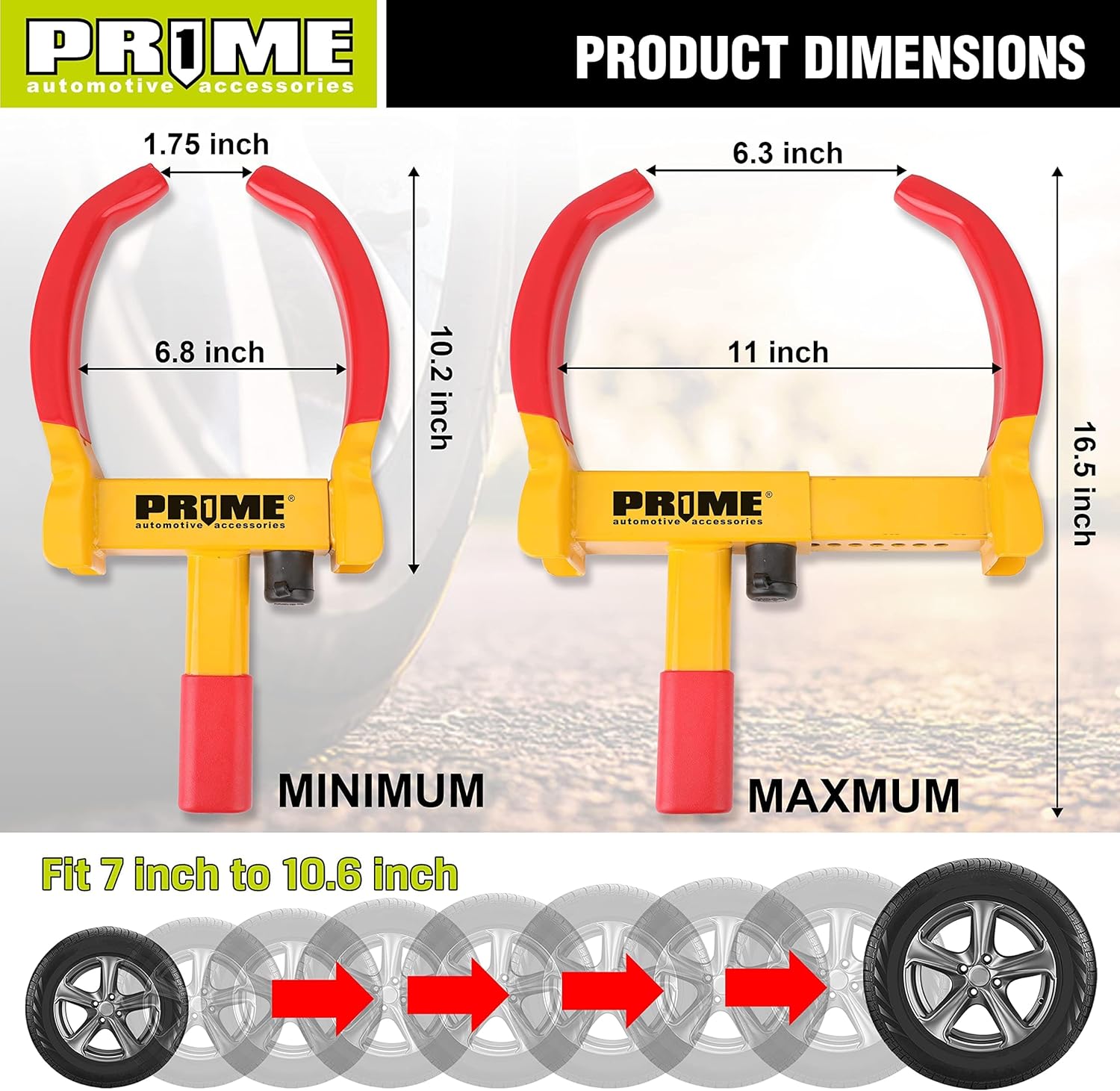 PR1ME Heavy Duty Wheel Lock Clamp with 2 Keys, Universal Anti Theft Trailer Wheel Lock for Cars SUV RV ATV Motorcycles &Golf Cart,High-Strength Carbon Steel with Soft PVC Coating,Fits 7" to 10.6" Tire