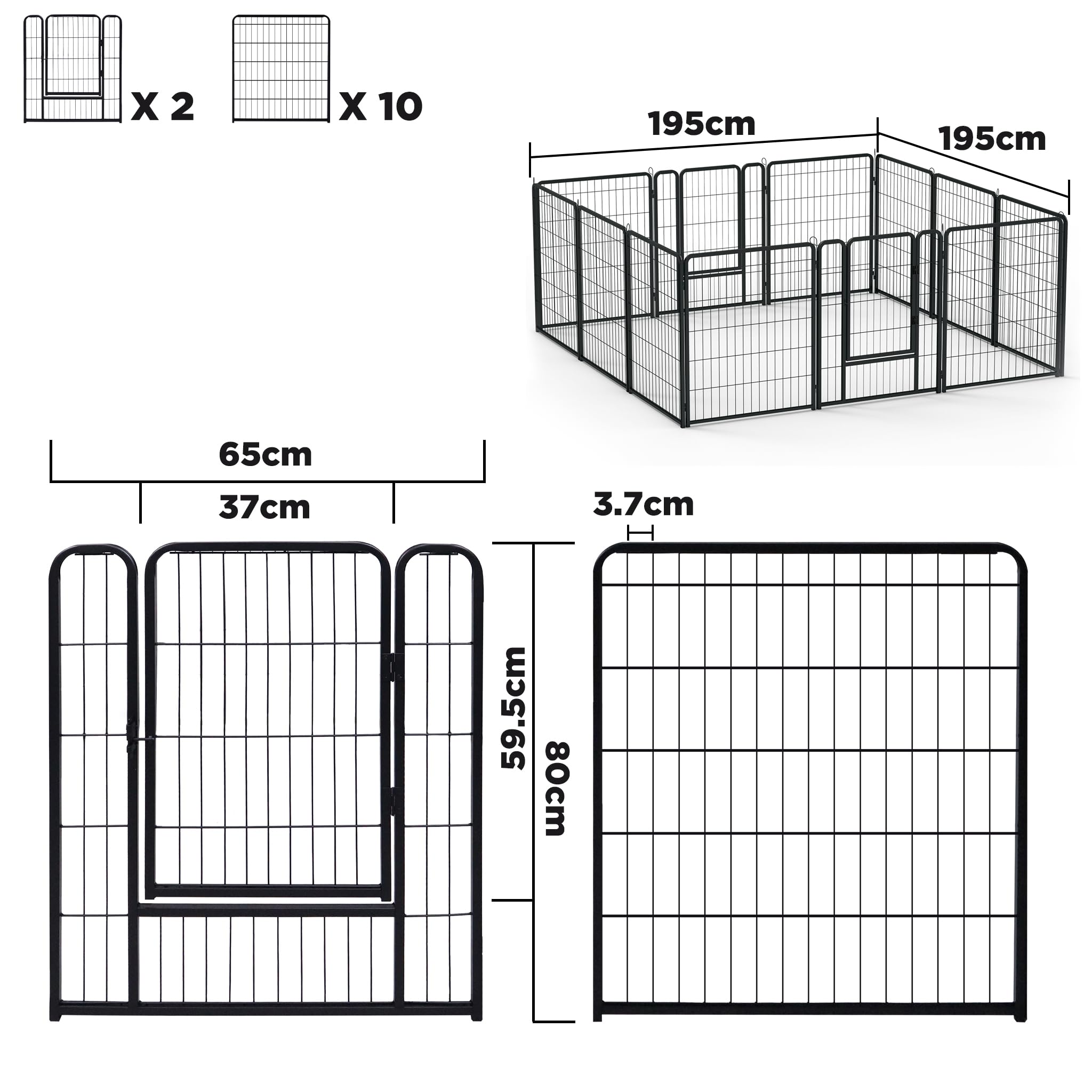 LARS360 Welpenauslauf Hundelaufstall 65x80cm Tierlaufstall 12 Gitterplatten mit Tür, Flexibel und Faltbar für Innen und Outdoor (Mattschwarz)