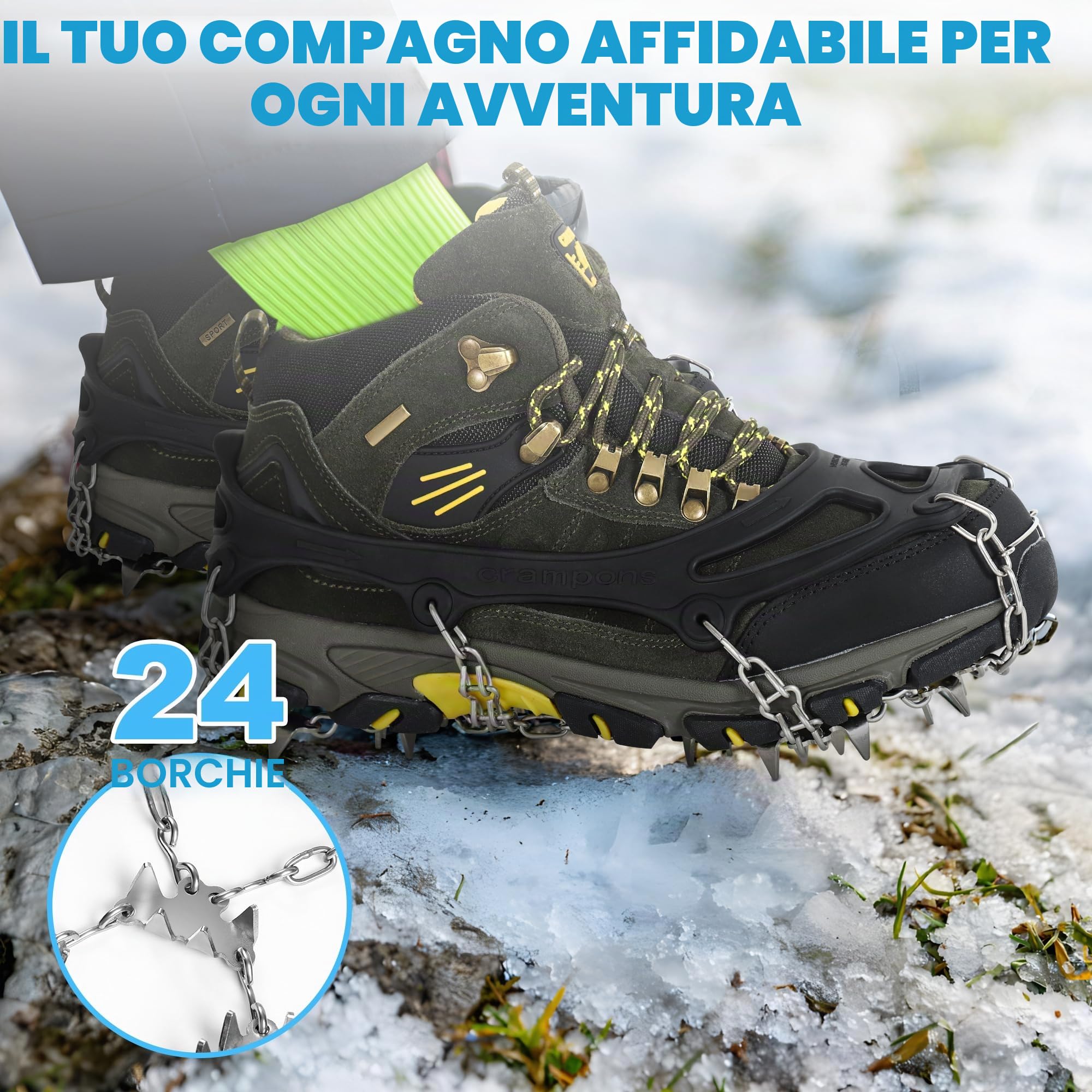Ramponi per Scarponi, 24 Denti Ramponcini Inossidabile Picchi da Neve Ramponi, Ramponi da Ghiaccio per Trekking Escursionismo Campeggio Alpinismo Camminare su Neve e Ghiaccio
