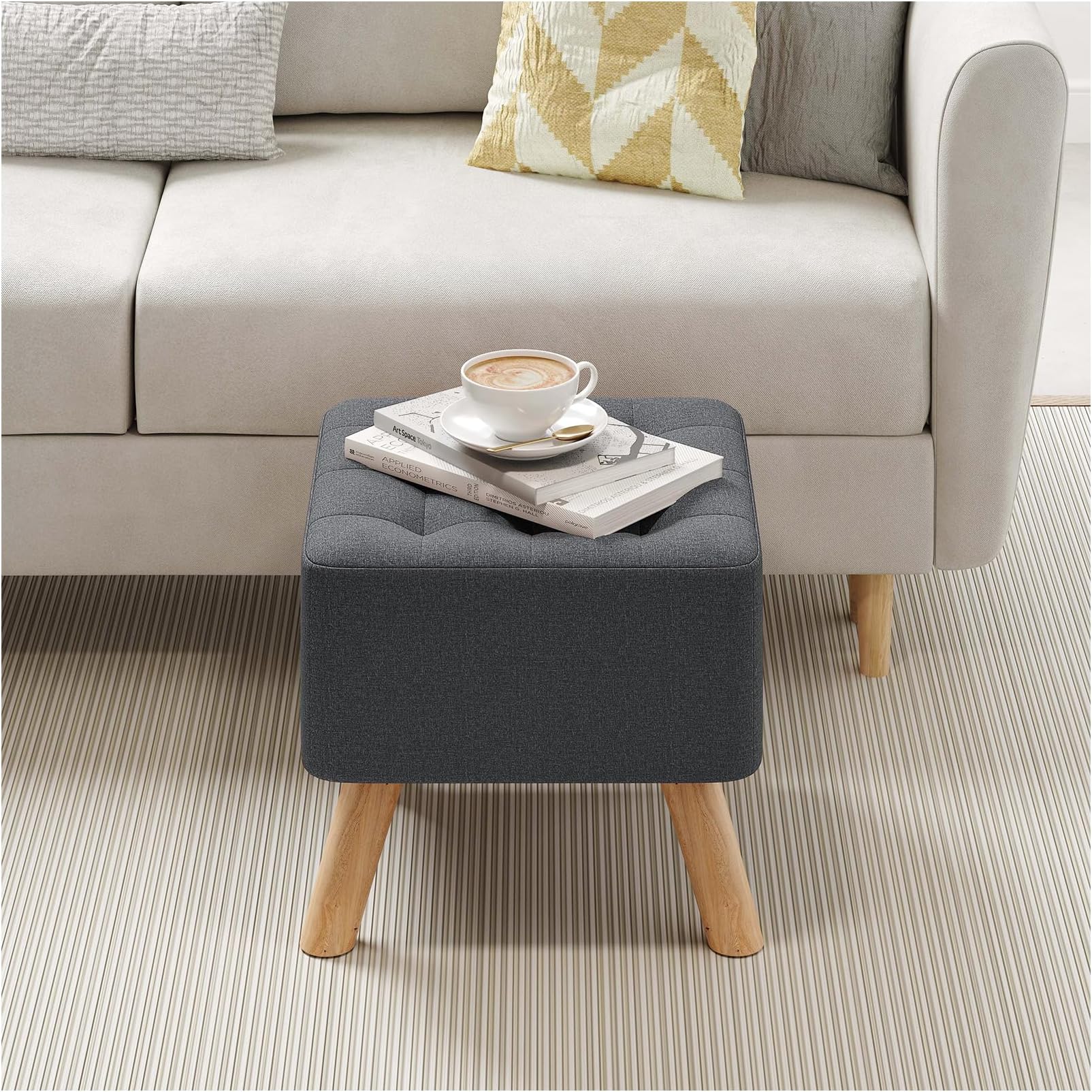 40 cm Upholstered Footstool Square Linen Stool with Padded Seat Pine Wood Legs Pouffe Stool Change Shoe Footrest for Living Room Bedroom (Dark Grey)