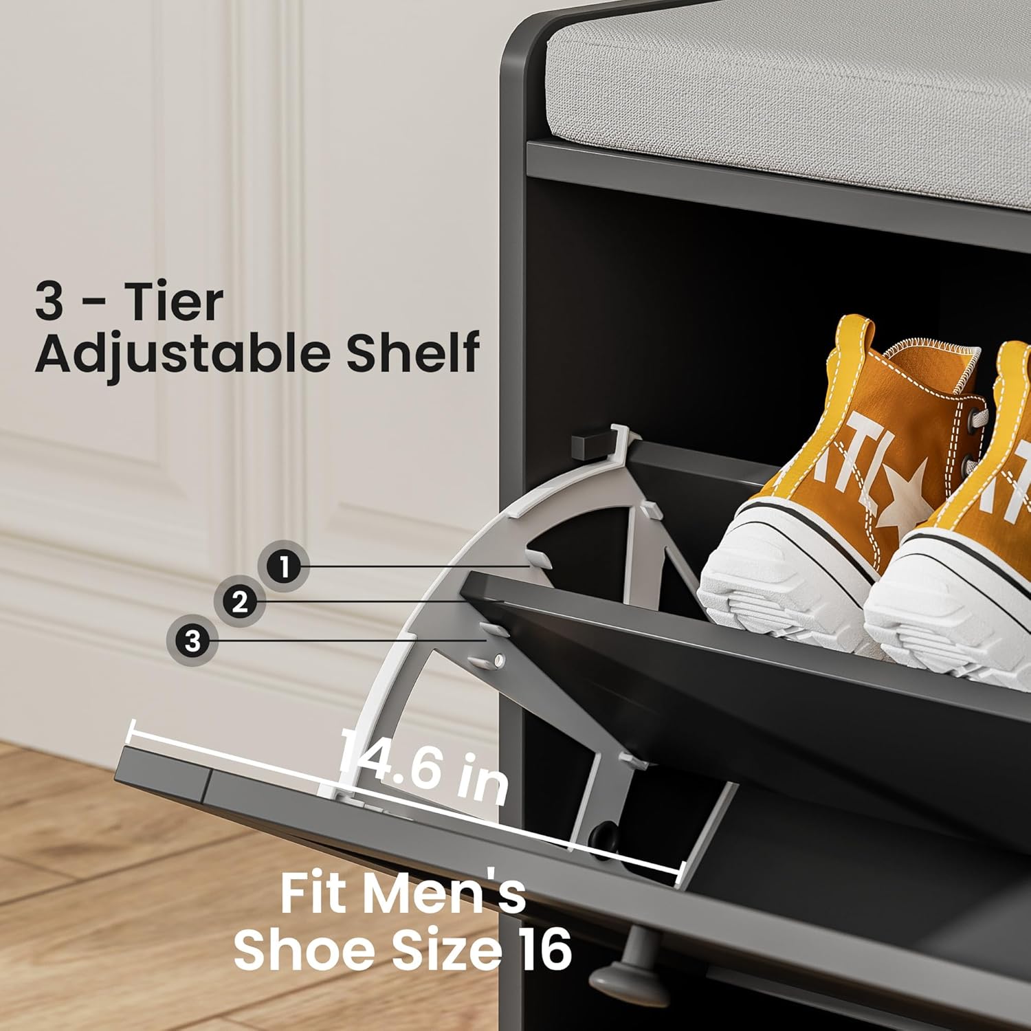 MHOM Black Modern Entryway Bench with 2 Flip Drawers, Shoe Bench with Padded Seat Cushion, Wooden Storage Bench for Hallway and Entryway