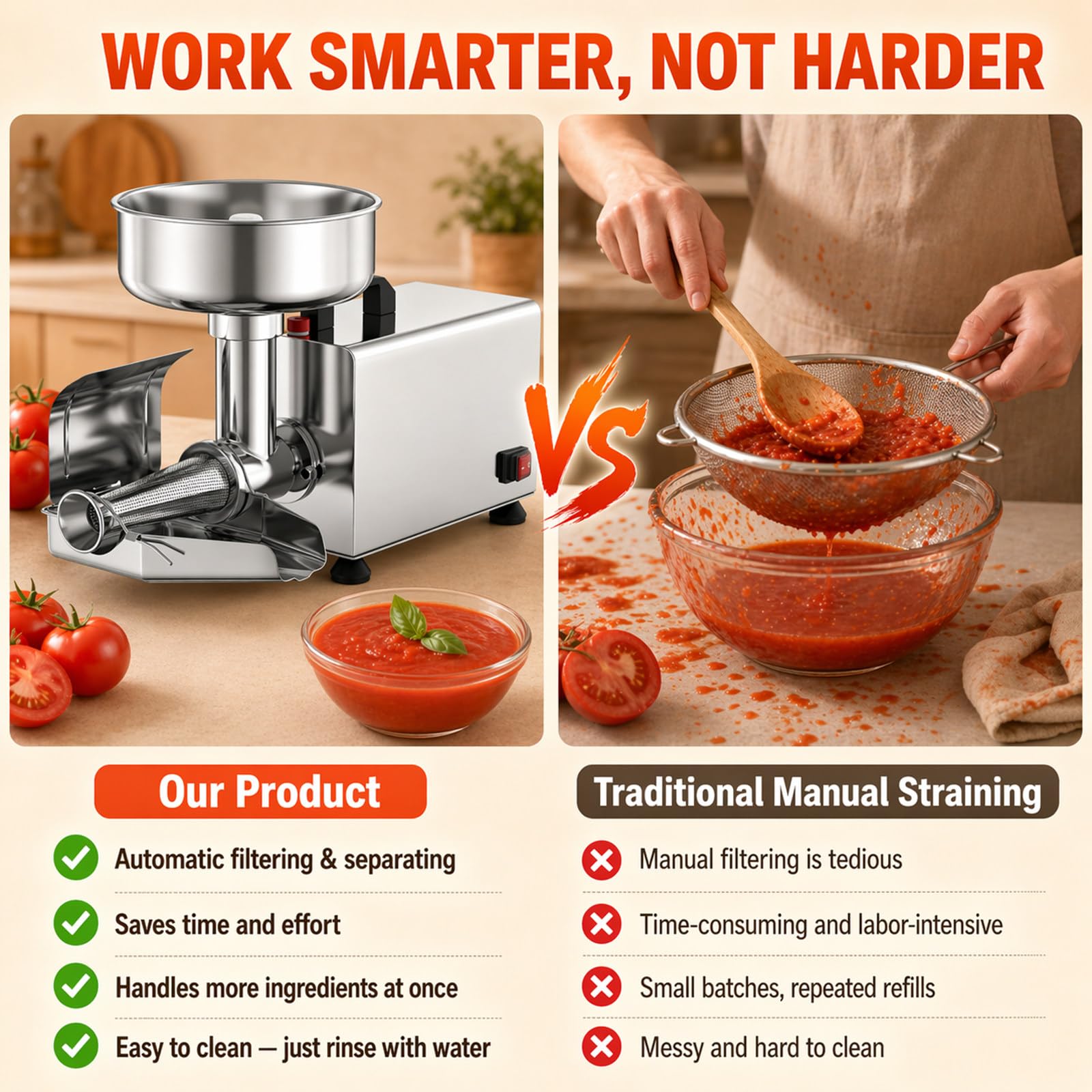 Macchina per salsa di pomodoro 450 W, per cucina di casa e lavorazioni in quantità, con acciaio inox 304, per passata, purea e conserve