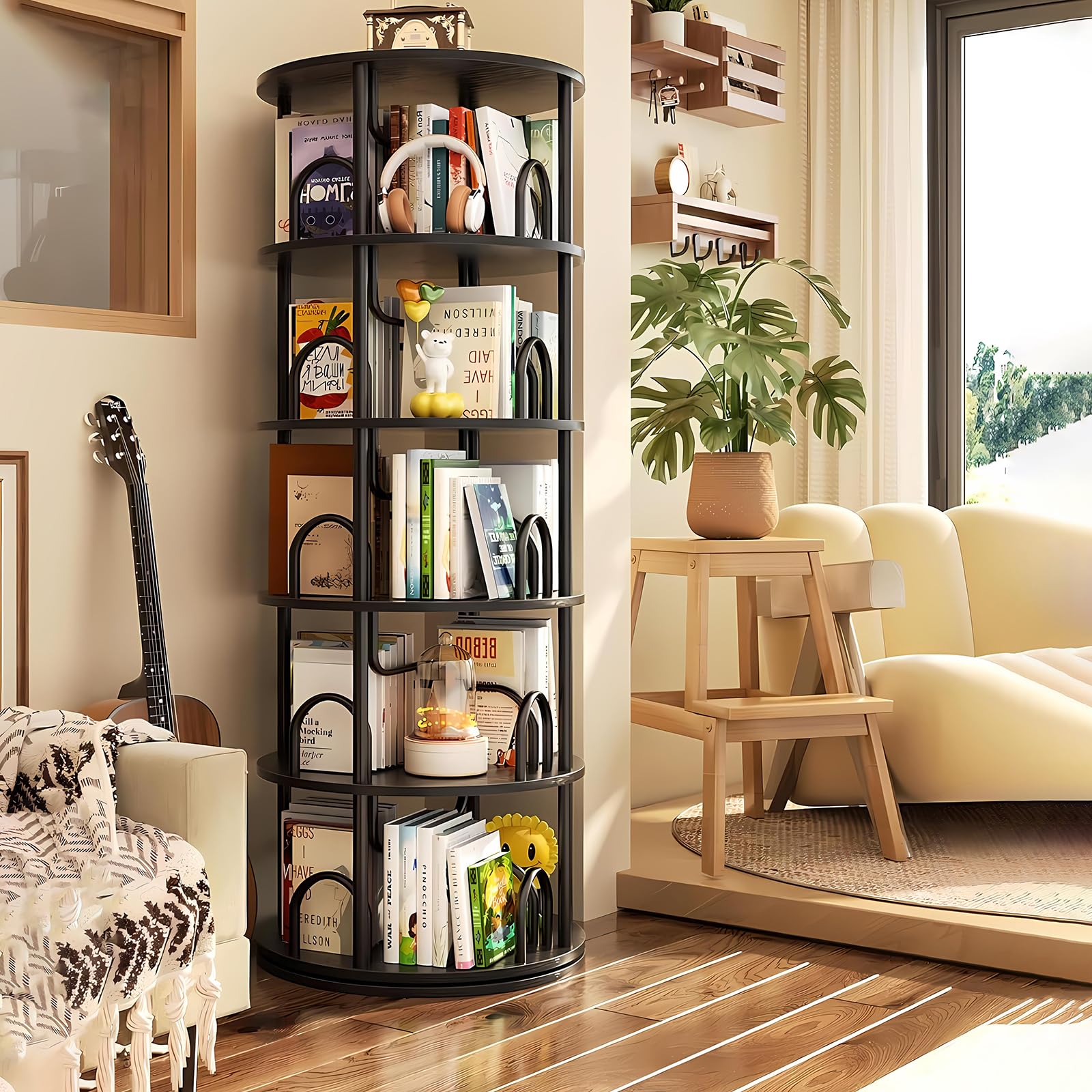 Drehbares Bücherregal 360 Grad, bücherregale Holz, Bodenstehendes ständer Bücherschrank, Aufbewahrungsregal Organisator, Lagerregal für Schlafzimmer Kinderzimmer Wohnzimmer, Schwarz (A, 5 Ebenen)
