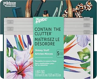 Ziploc Reusable Travel Makeup and Accessory Bags, Great for School or Home Organization, Boho Collection, Skinny Size, 5 Count