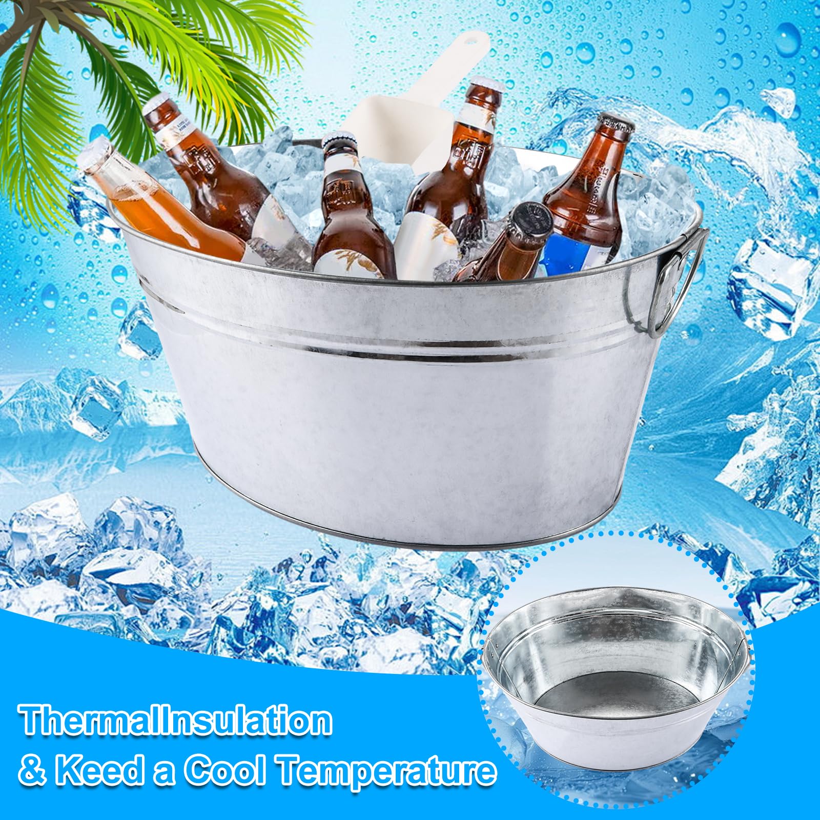 APACALI Lot de 3 bacs à boissons avec anse, bac en zinc avec grattoir à glace, refroidisseur de boisson, seau à champagne étanche, seau à glace pour jardin, fête