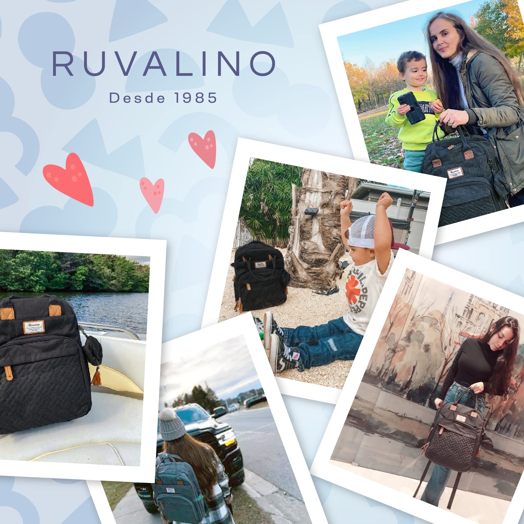 RUVALINO Mochila para Pañales, Bolso Cambiador Bebé con Esterilla Portátil, Portachupetes y Correas para el Cochecito, Bolso de Viaje Impermeable Multifuncional para Mamá y Papá