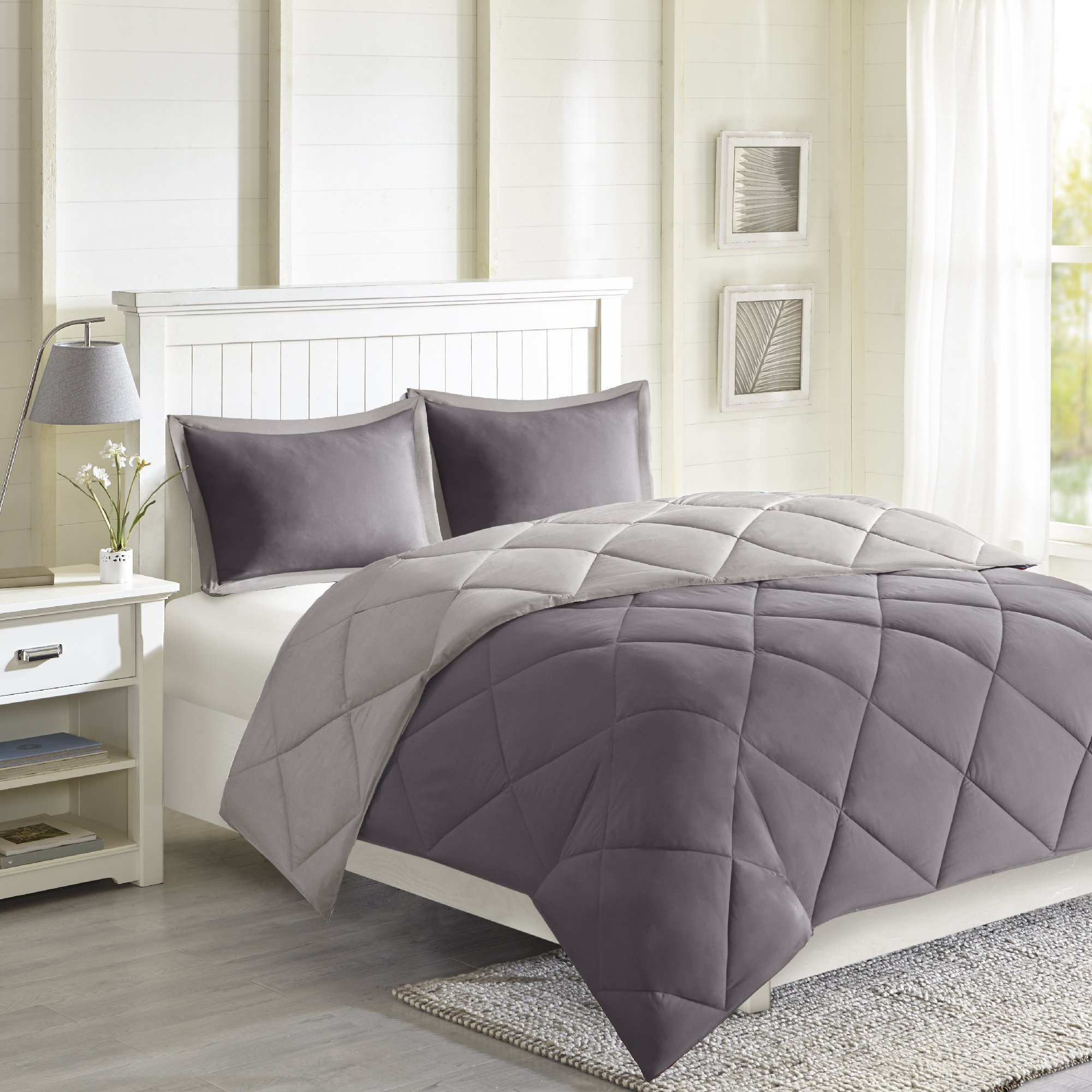 Madison Park Larkspur All Season Reversible Two Sides Down Alternative Set 3M Stain Release Comforters, King, Charcoal/Grey