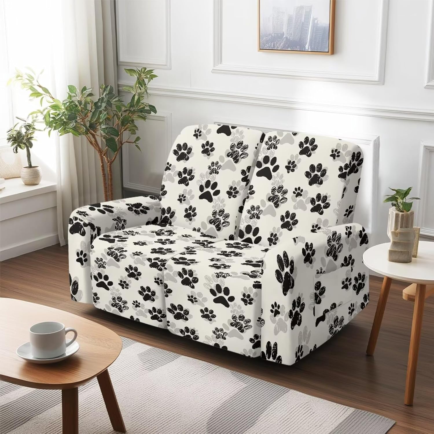 Paw Print Stretch Large Couch with Two Recliner Covers, Non Slip Double Recliner Covers Washable Reclining Loveseat Cover with Pockets, 6 Pieces Furniture Protector