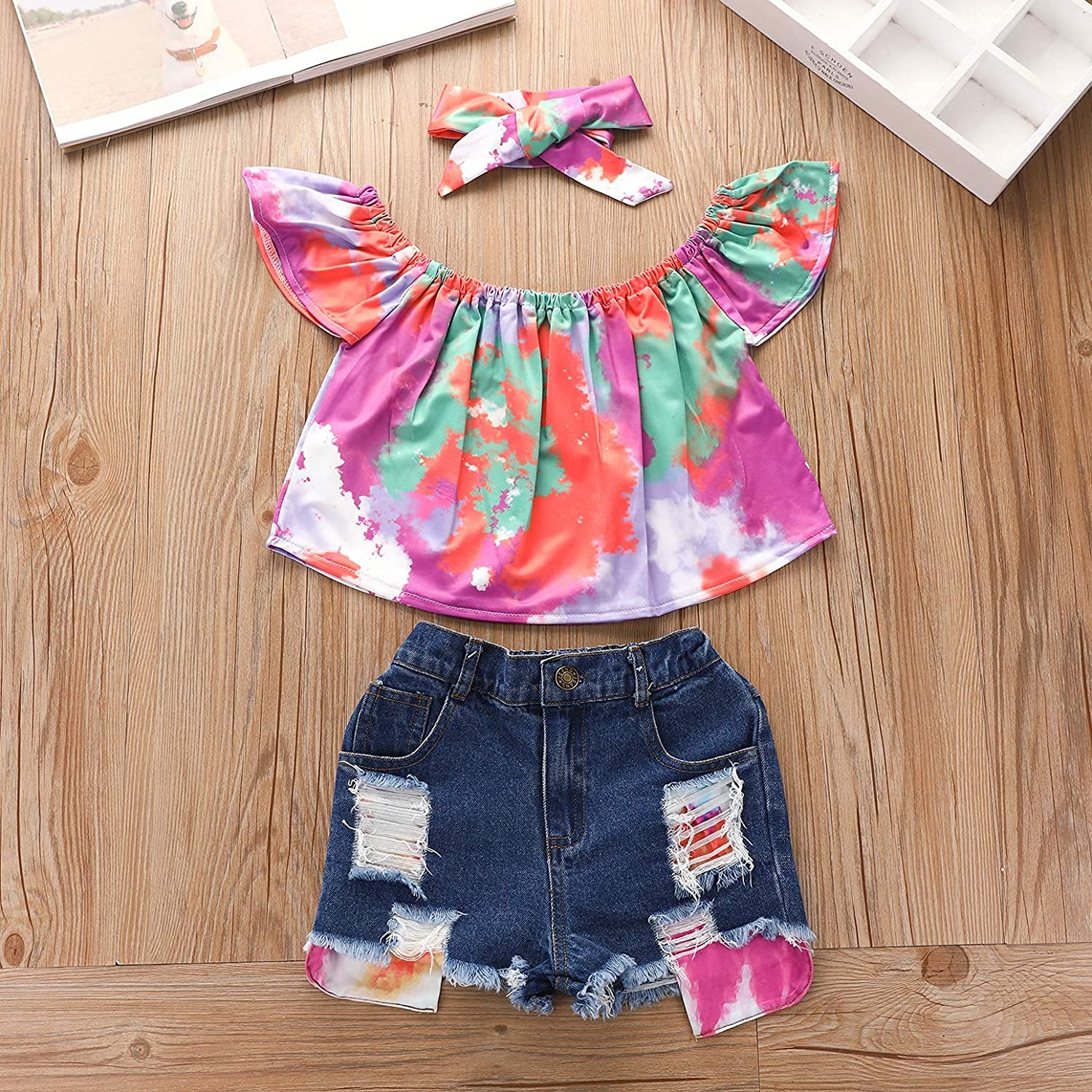 Kids Girl Summer Short Outfits Tie Dye Ruffle Sleeve Off Shoulder Crop Tops + Ripped Denim Shorts Outfits Set (Red,6-7 T)