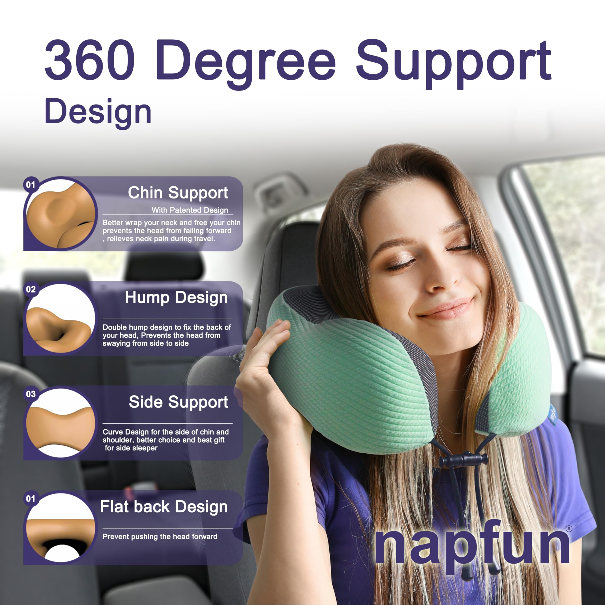 napfun Neck Pillow for Travel, Memory Foam Airplane Pillow, Turquoise view 3