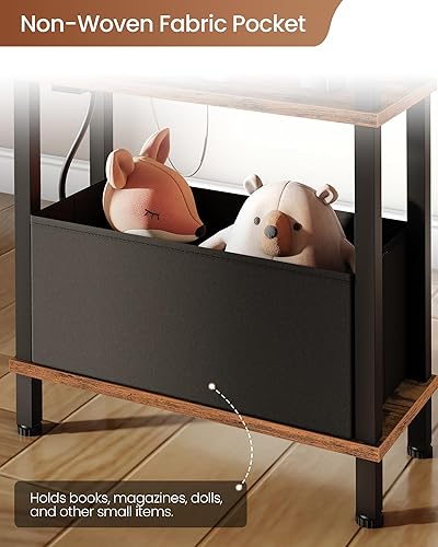 Miniatura 7 de Juego de 2 mesas auxiliares con estación de carga, mesa auxiliar estrecha para espacios pequeños, mesita de noche delgada con canasta, mesita de