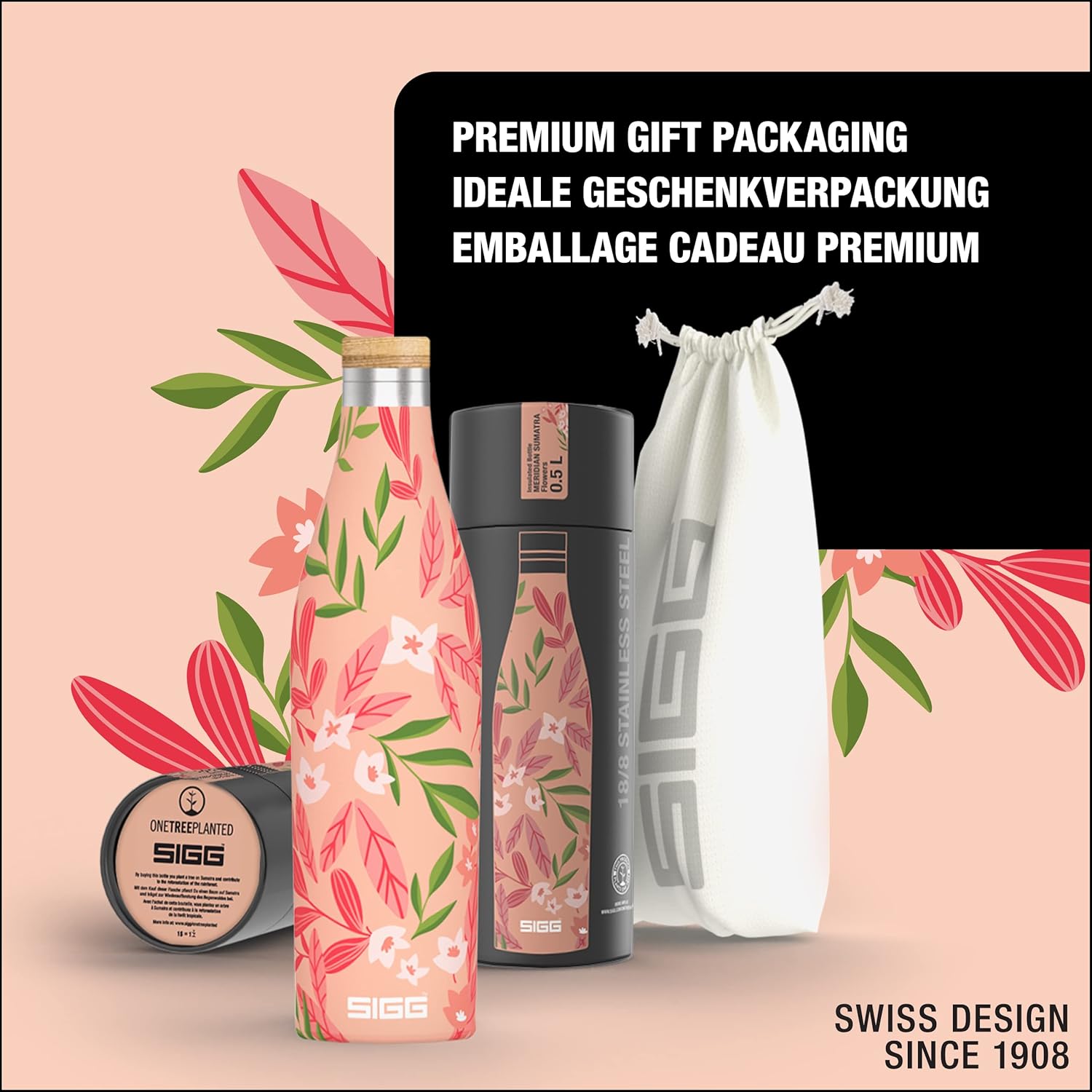 Sigg - Insulated Water Bottle - Meridian Sumatra Flowers - Leakproof & Extra-Slim - BPA Free - Plastic Free - 18/8 Stainless Steel - Double Walled - Bamboo Screw Top - Pink floral - 17 Oz