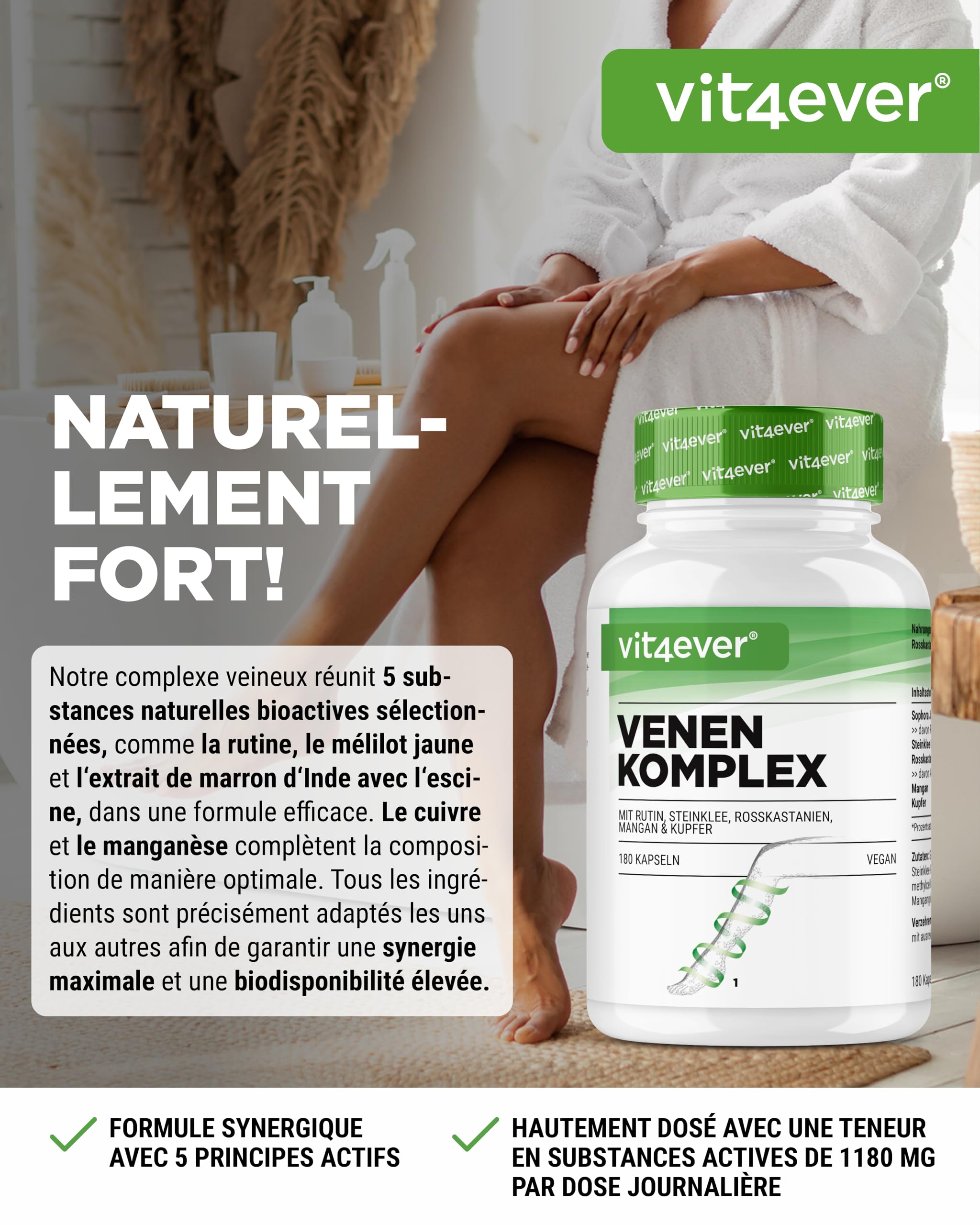 Complexe Veineux - 180 Capsules - 3 Mois d'Approvisionnement - Hautement Dosé en Rutine, Mélilot, Extrait de Marron d'Inde, Manganèse, Cuivre - Extraits Premium - Vegan