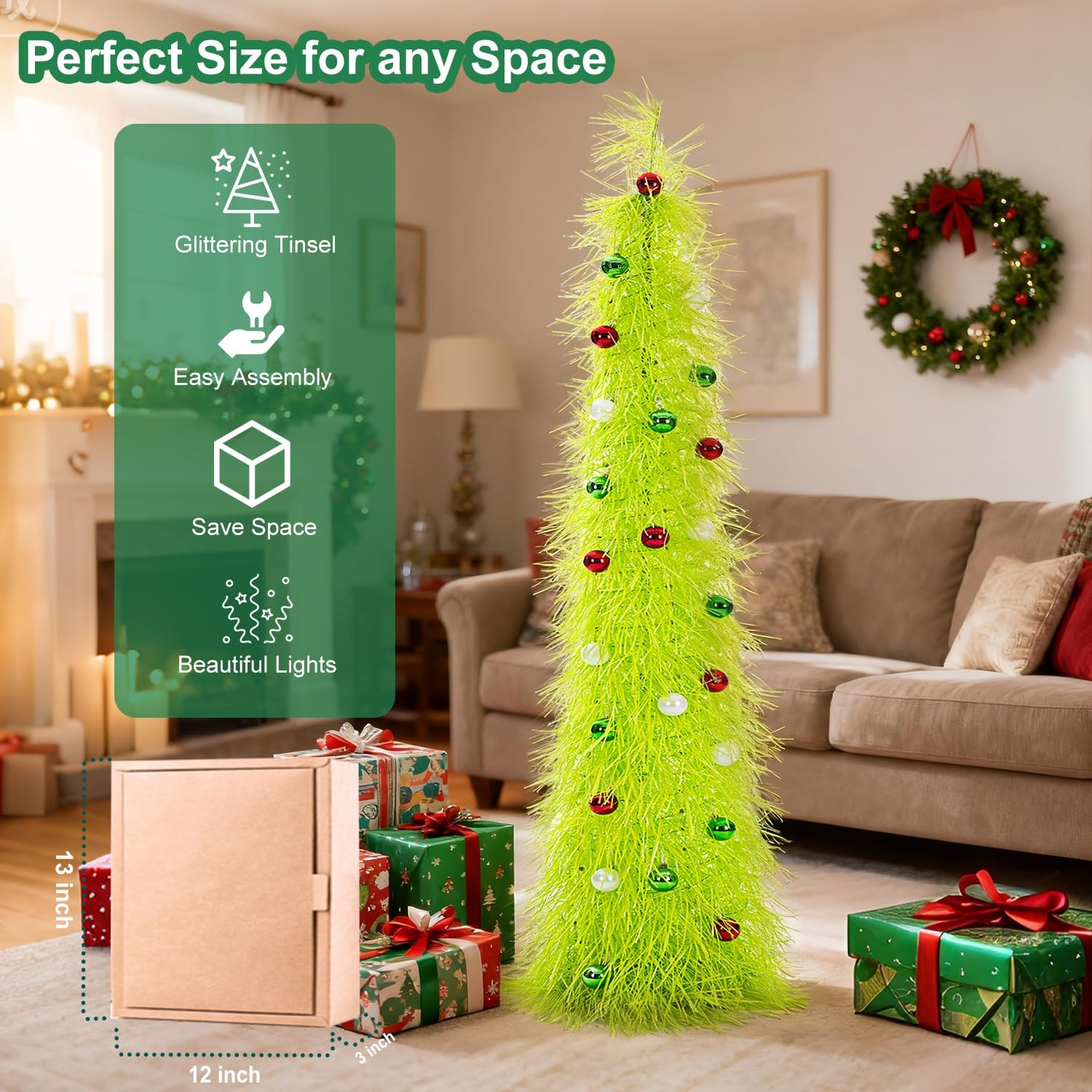 Christmas Tree 5ft Valentines Day with Light Balls Ornaments Hairy Pop Up Pencil Tinsel Collapsible Stand for Xmas Holiday Party Decorations, Home Office Display Decor, Fruit Green