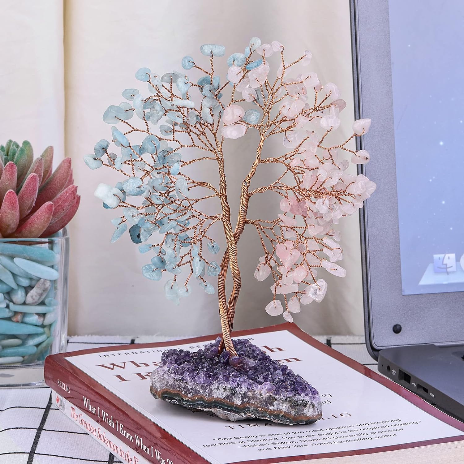 Nupuyai Aquamarine & Rose Quartz Crystal Tree with Amethyst Cluster Base - Image 4