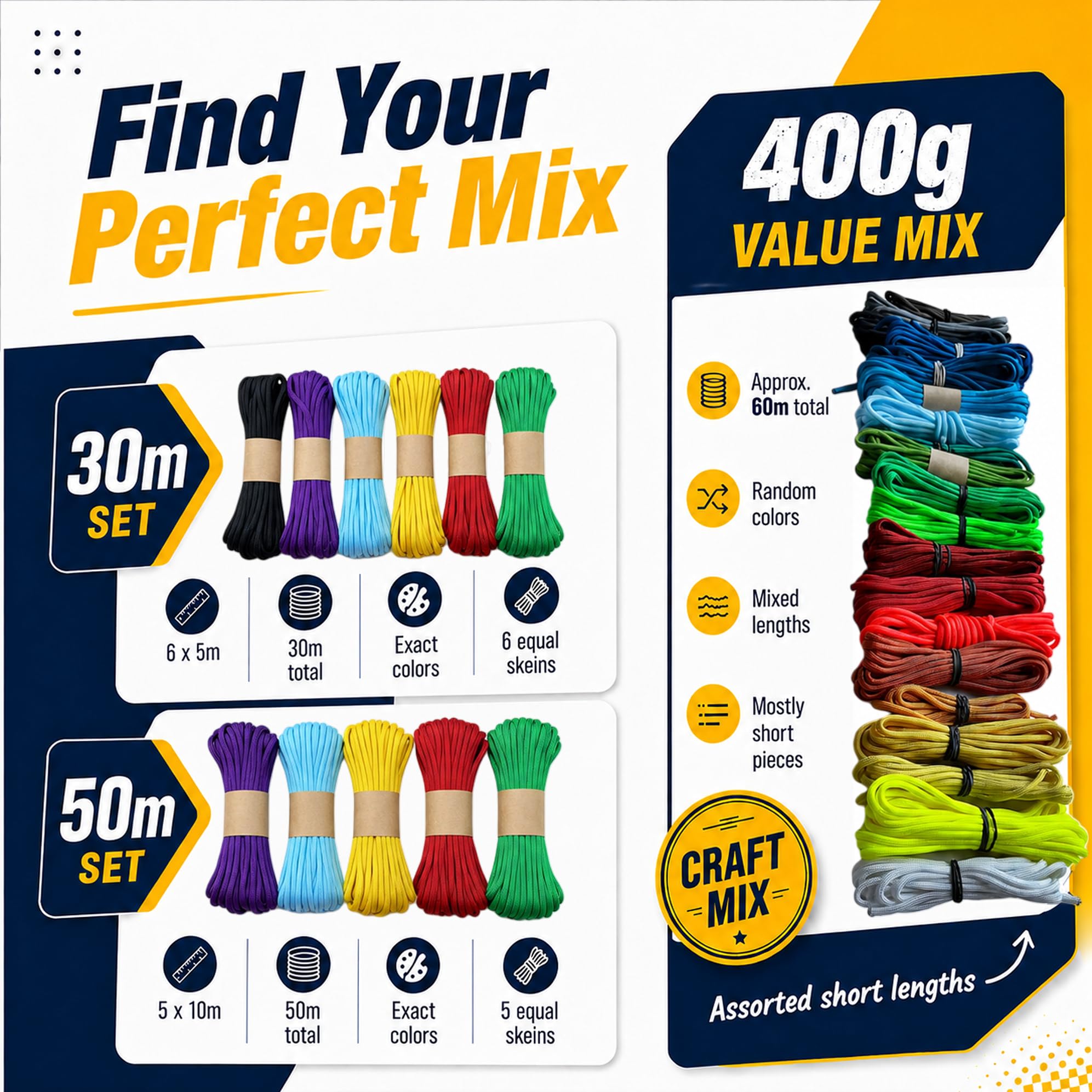 Paracord 4mm Set (30m, 50m, 60m) | Idealny do rękodzieła, majsterkowania, biwakowania, przetrwania, na świeżym powietrzu | 100% nylonowa lina 4mm| Linka Taktyczna 550 Typ III