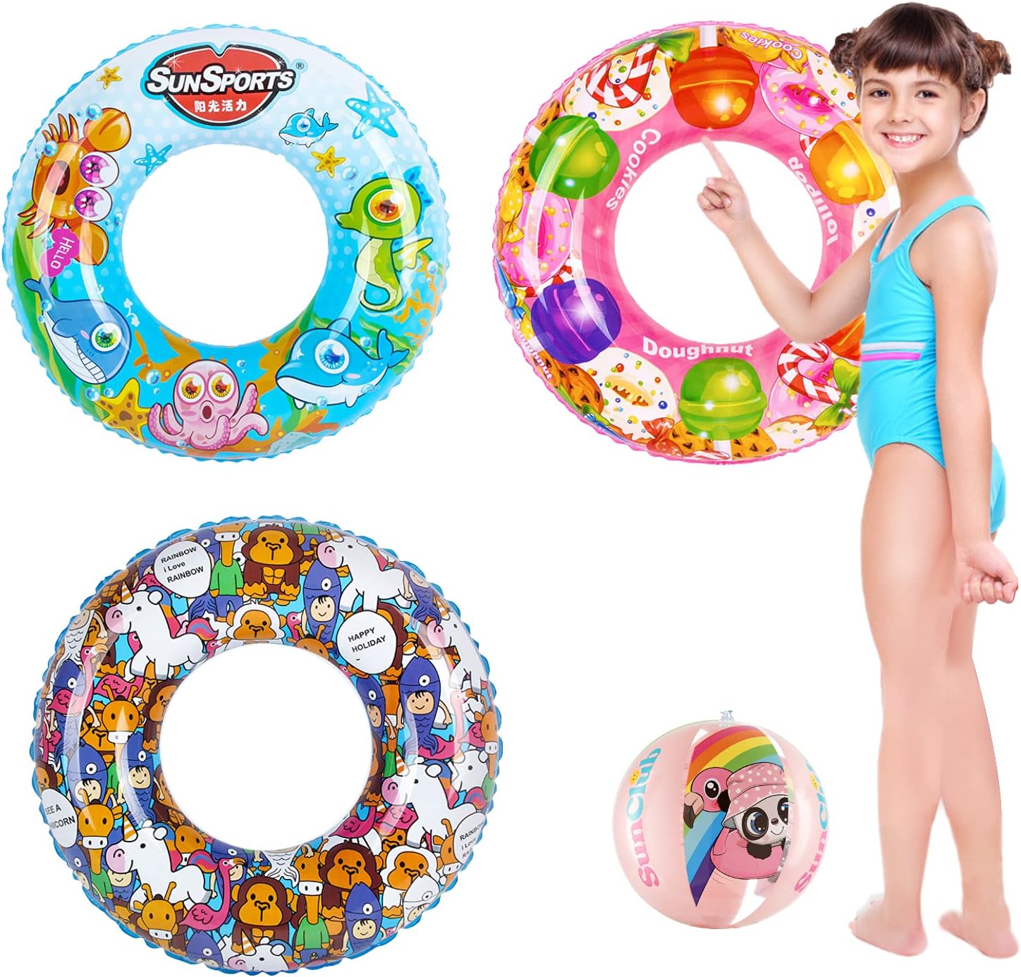 Inflatable Pool Floats-3 Pcs 27.5" Swimming Pool Floaties Swim Tubes Rings Set Pool Toys for Beach Blow up Floats for Kids,1 Pcs 16" Panda Beach Ball(4 Pack) (Green) : Toys & Games