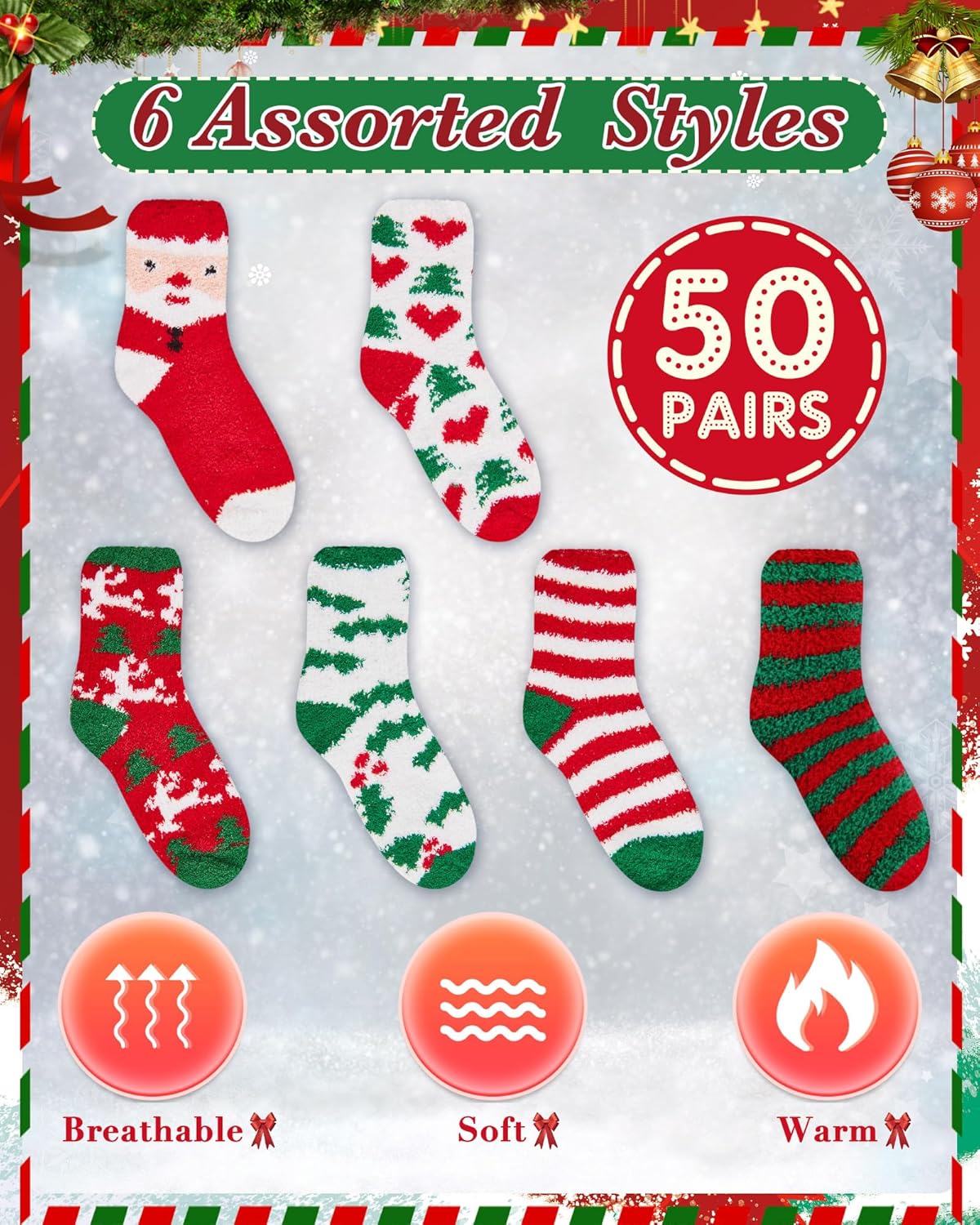 Taiyin 50 Pairs Kids Christmas Fuzzy Socks Bulk Fluffy Winter Warm Slipper Sock Plush Soft Xmas Gifts