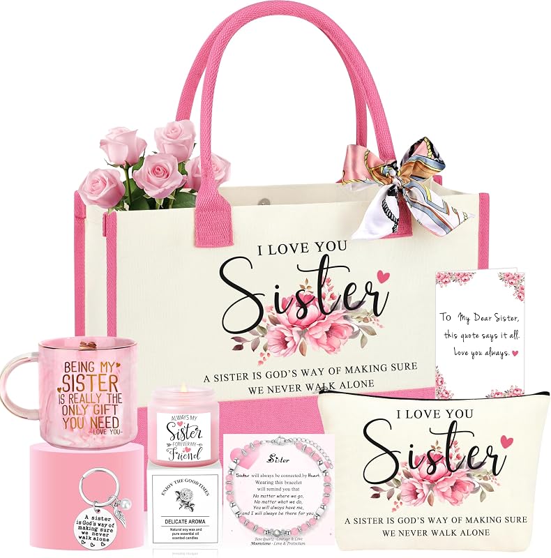 JTENGTOP Conjunto de presentes para irmã com bolsa tote, caneca, necessaire, chaveiro, vela e cartão, conjunto com 7