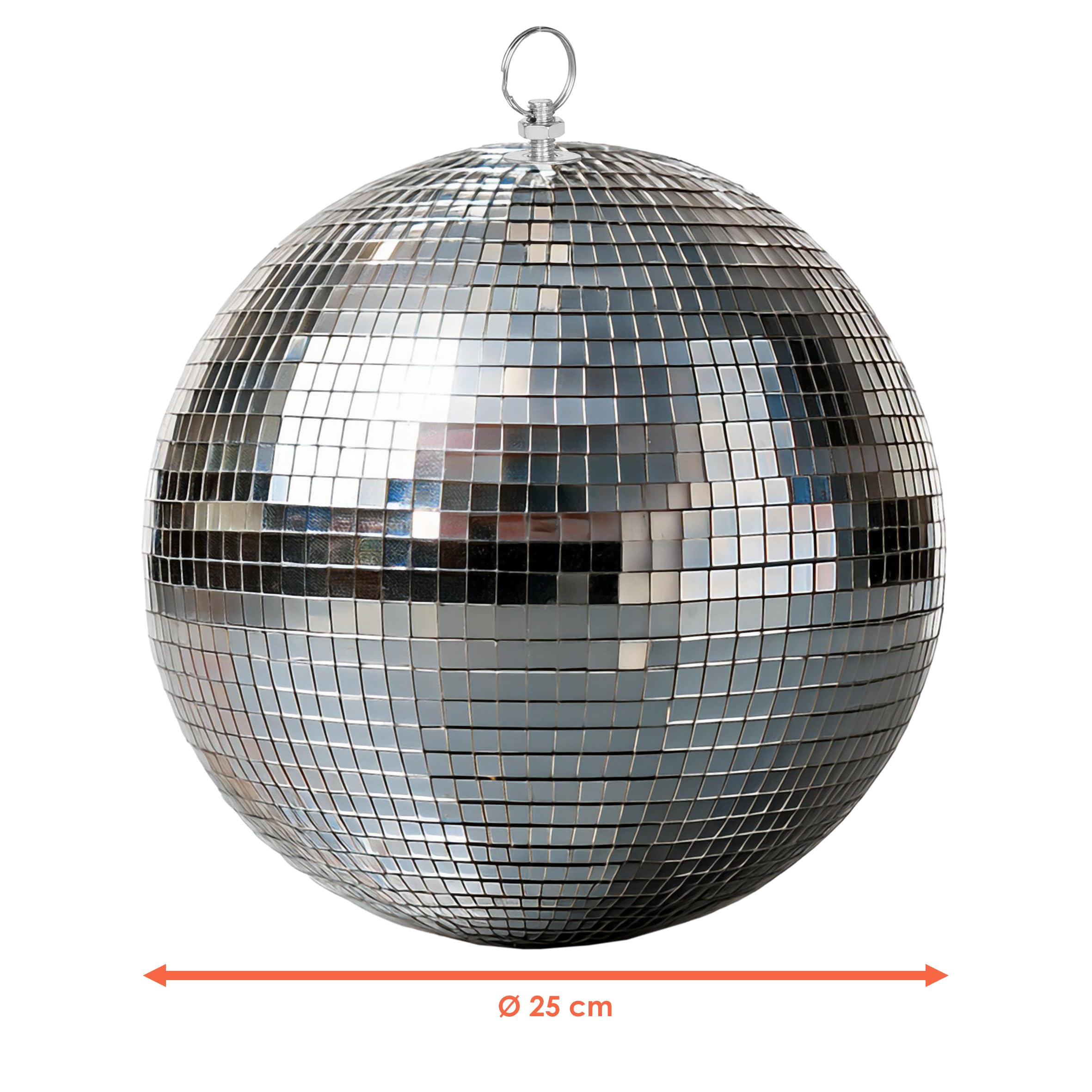 Discokugel mit Haken zum Aufhängen - 25 cm - Spiegelkugel mit Echtglas Facetten in Silber - Party Lichteffekt Hängekugel Mirrorball Disco Kugel