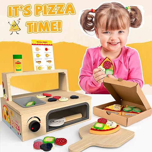 Miniatura 7 de Juguete de pizza de madera  48 piezas Montessori pretender Play Food para mayores de 3 años, juguete educativo de aprendizaje de madera con horno